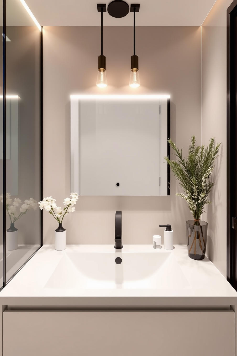 Create a serene and modern bathroom space featuring easy to clean light fixtures that enhance the overall ambiance. The design should incorporate sleek lines and minimalist elements to promote a sense of tranquility and cleanliness. Incorporate durable materials for surfaces and fixtures that require minimal maintenance. The layout should maximize functionality while ensuring that every element contributes to a cohesive and stylish aesthetic.