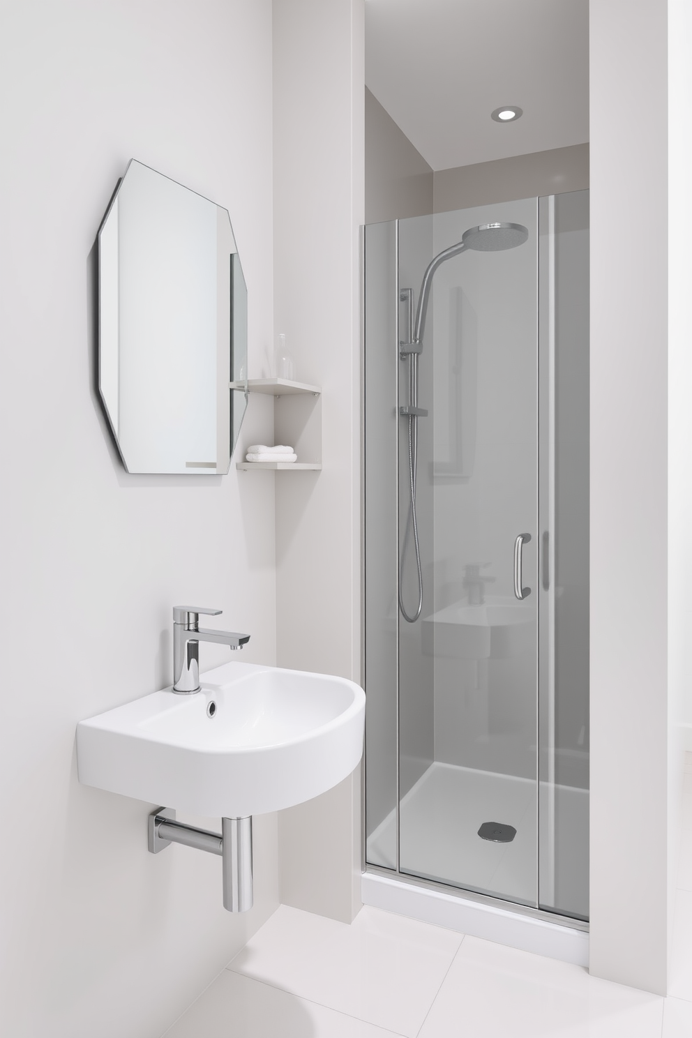 A sleek and modern bathroom design featuring a wall-mounted sink with a simple chrome faucet. The walls are painted in a light gray tone, and the floor is covered with large white tiles for easy maintenance. A frameless glass shower enclosure is positioned in the corner, showcasing a rainfall showerhead. Minimalist shelving holds only a few essential items, ensuring a clutter-free environment.