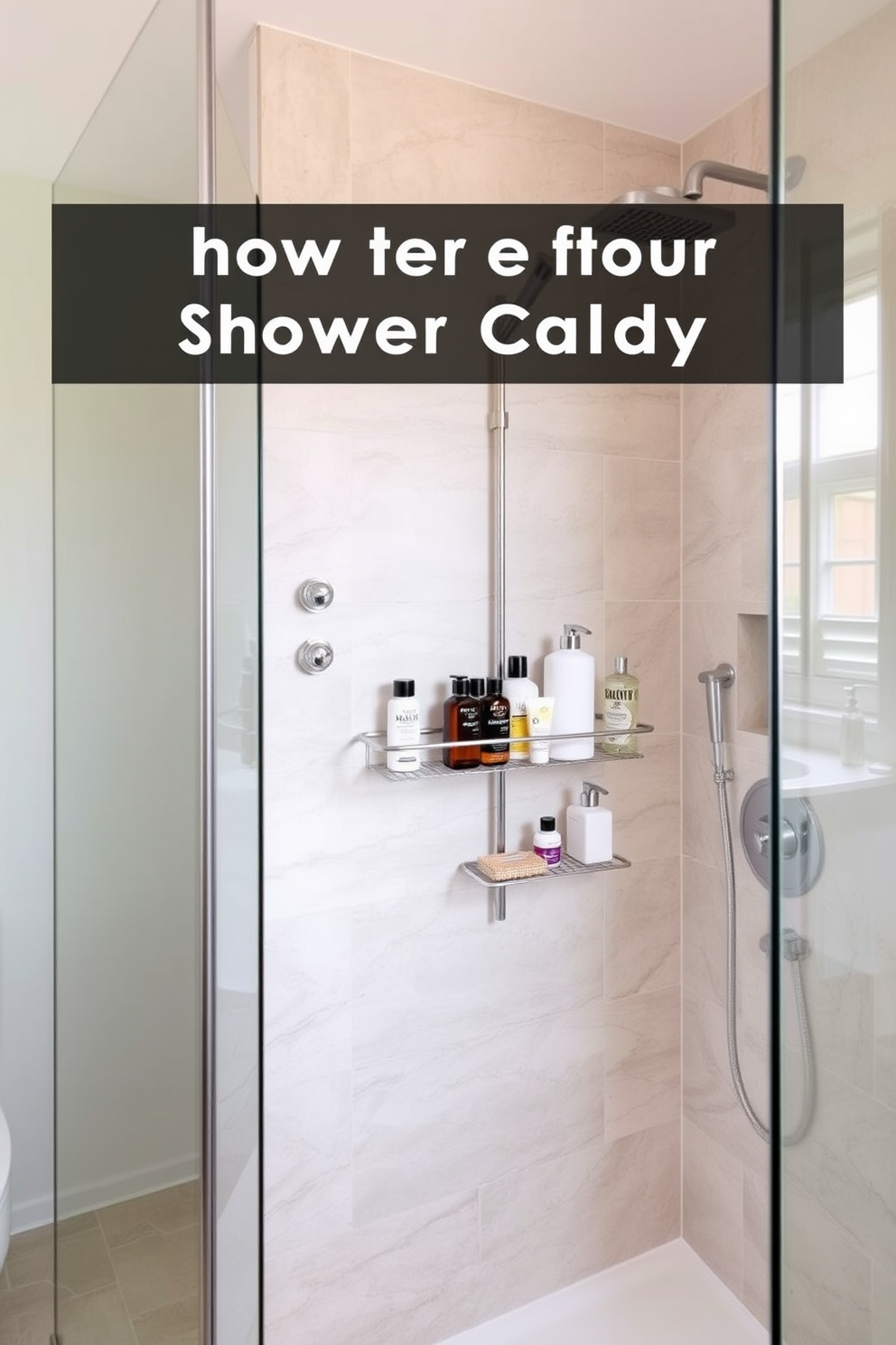 A contemporary bathroom design featuring a simple shower caddy for storage. The caddy is made of stainless steel and is mounted on the wall, providing easy access to toiletries. The bathroom showcases easy to clean surfaces with large format tiles and a glass shower enclosure. Soft, neutral colors create a calming atmosphere while maintaining functionality.