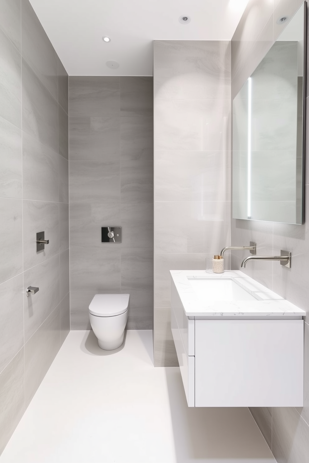 A modern bathroom with wall mounted faucets that enhance the sleek design while saving space. The walls are adorned with large format tiles in a soft gray tone, and the floor features a minimalist white finish for easy cleaning. The vanity is a floating design with a quartz countertop, providing a clean and contemporary look. Thoughtfully placed storage solutions keep the space organized and clutter-free, ensuring a serene environment.