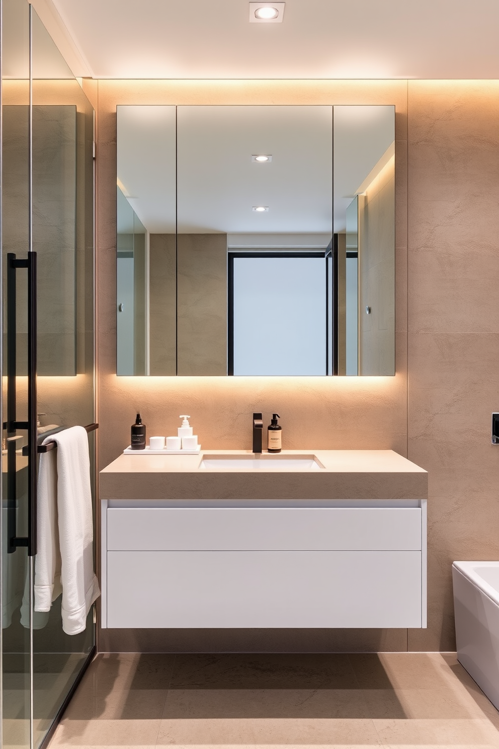 A sleek and modern bathroom design featuring easy to clean surfaces and minimalistic fixtures. The color palette includes soft whites and grays, complemented by matching accessories such as a coordinated soap dispenser and towel holder. The shower area is enclosed with frameless glass panels, allowing for a seamless look. The floor is covered in large format tiles that reduce grout lines, enhancing the clean aesthetic while providing a stylish backdrop.