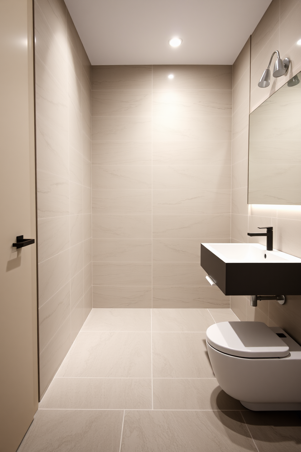 A modern bathroom design featuring large format tiles that create a seamless look with minimal grout lines. The space is designed for easy maintenance, showcasing a sleek aesthetic that combines functionality with elegance.