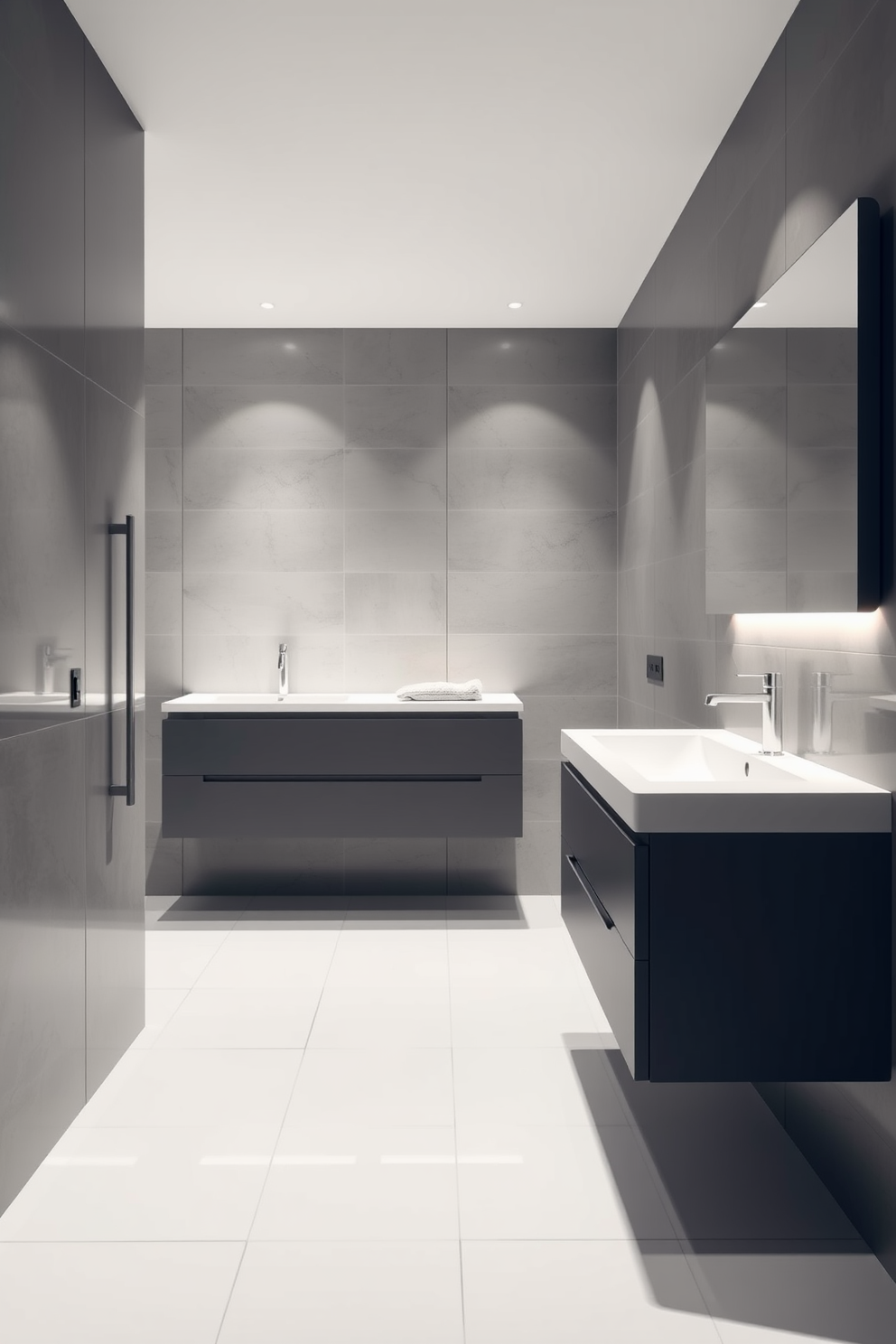 A sleek bathroom design featuring a neutral color palette with soft beige and warm gray tones. The space includes a spacious walk-in shower with glass doors and a minimalist freestanding bathtub, providing a serene atmosphere. The walls are adorned with large format tiles for a seamless look, while the floor is finished with easy-to-clean vinyl planks that mimic natural wood. A floating vanity with a simple white sink and ample storage keeps the space clutter-free and functional.