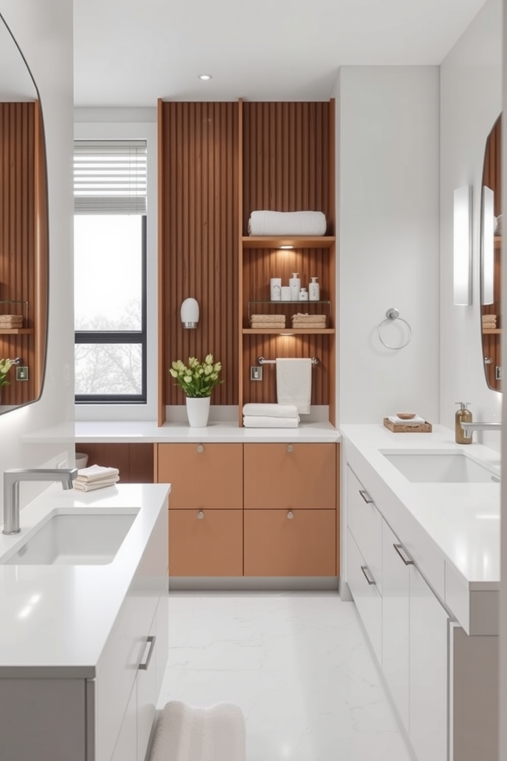 A modern bathroom featuring seamless shower walls that minimize mold growth and enhance hygiene. The design includes large format tiles in a soft gray tone, creating a sleek and contemporary look. The space incorporates a floating vanity with ample storage and a quartz countertop for easy maintenance. Soft LED lighting illuminates the area, highlighting the clean lines and functional design elements.