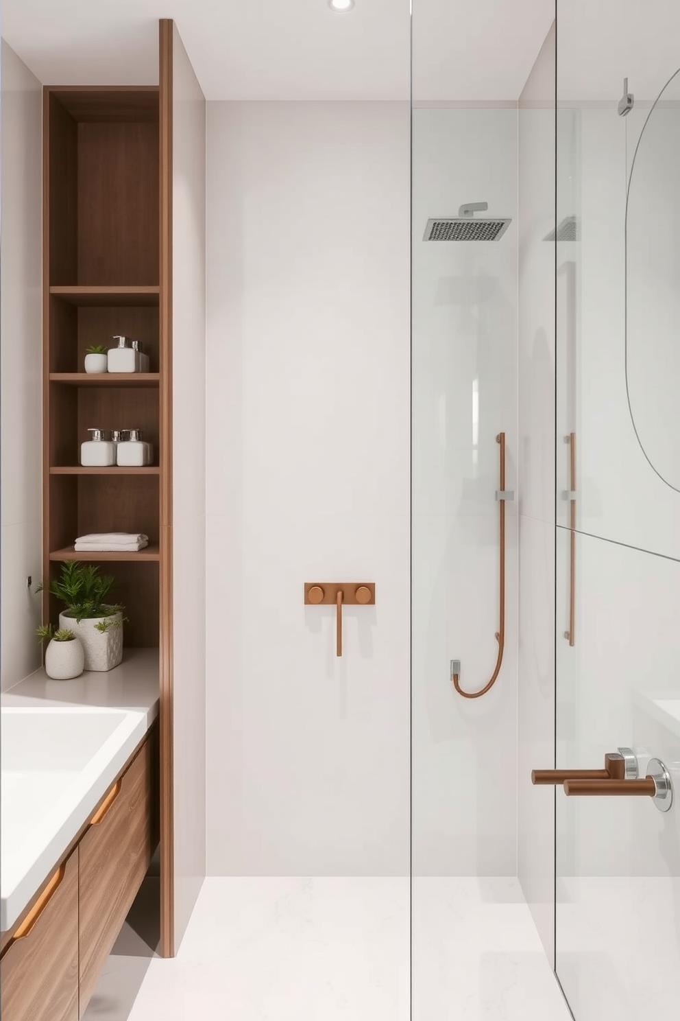 A contemporary bathroom featuring fixtures and hardware made from antibacterial metals such as copper and stainless steel. The space is designed for easy maintenance with seamless surfaces and minimal grout lines, ensuring a hygienic and stylish environment.