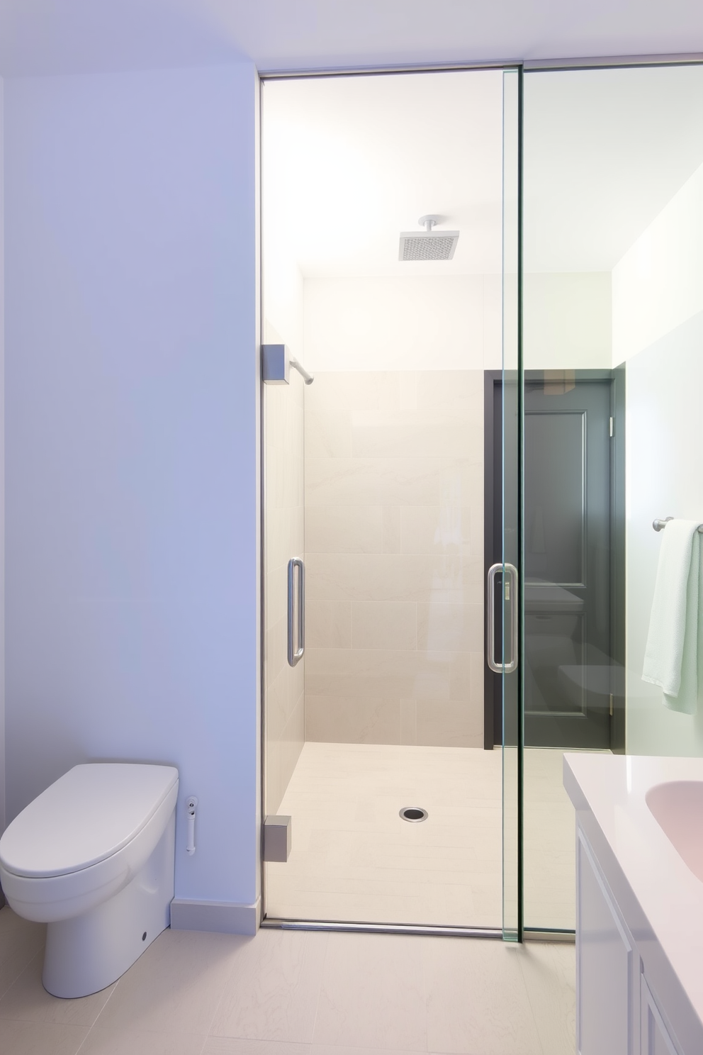 A modern bathroom design featuring no touch faucets for hygienic use. The space includes smooth surfaces and minimal grout lines to enhance ease of cleaning. The walls are adorned with large format tiles in a soft neutral tone. A sleek, wall-mounted vanity with a seamless countertop provides ample storage while maintaining a clean aesthetic.