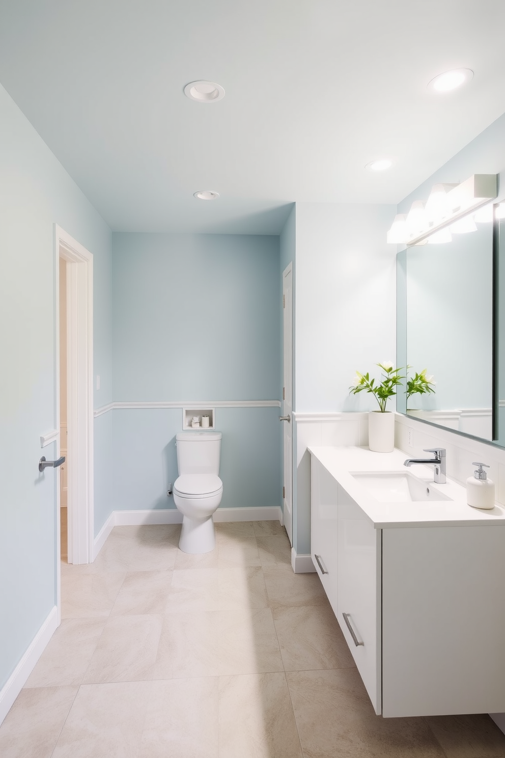 A modern bathroom design featuring water resistant paint for the walls and ceilings. The color palette consists of soft blues and whites to create a calming atmosphere. The flooring is made of large format tiles that are easy to clean and maintain. Sleek fixtures and minimalistic cabinetry enhance the overall functionality of the space.