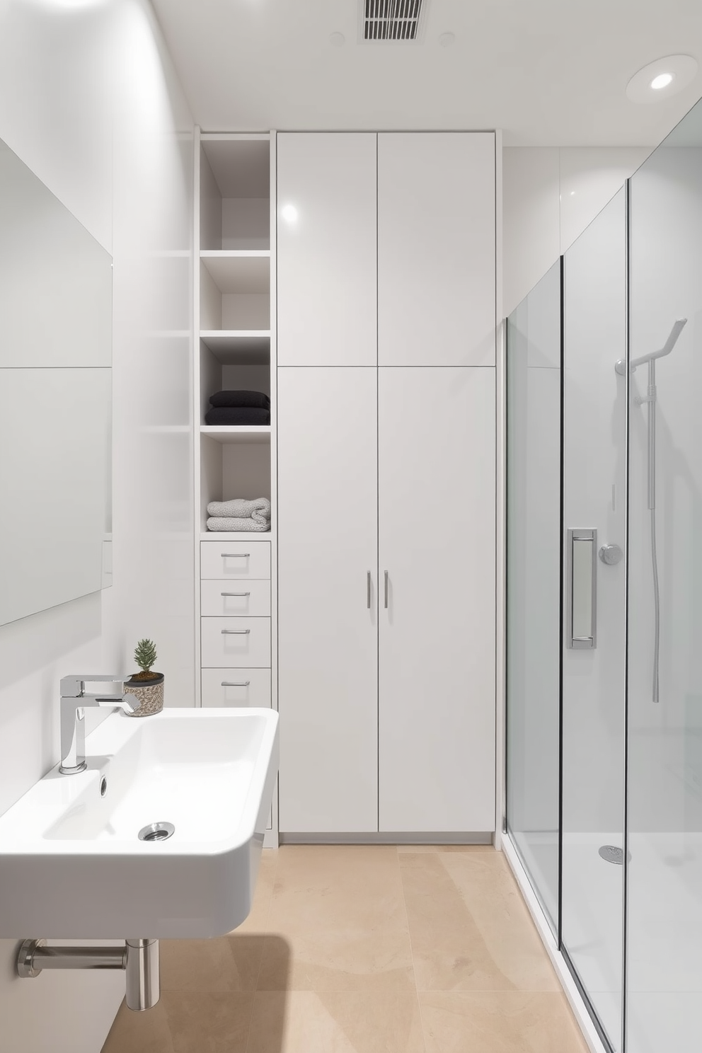 A modern bathroom design featuring built-in storage solutions seamlessly integrated into the walls. The cabinetry is finished in a sleek white laminate, providing ample space to reduce clutter while maintaining a clean aesthetic. The flooring is made of large format porcelain tiles that are easy to clean and resistant to stains. A minimalist approach is taken with a wall-mounted sink and a frameless glass shower enclosure to enhance the spacious feel of the room.