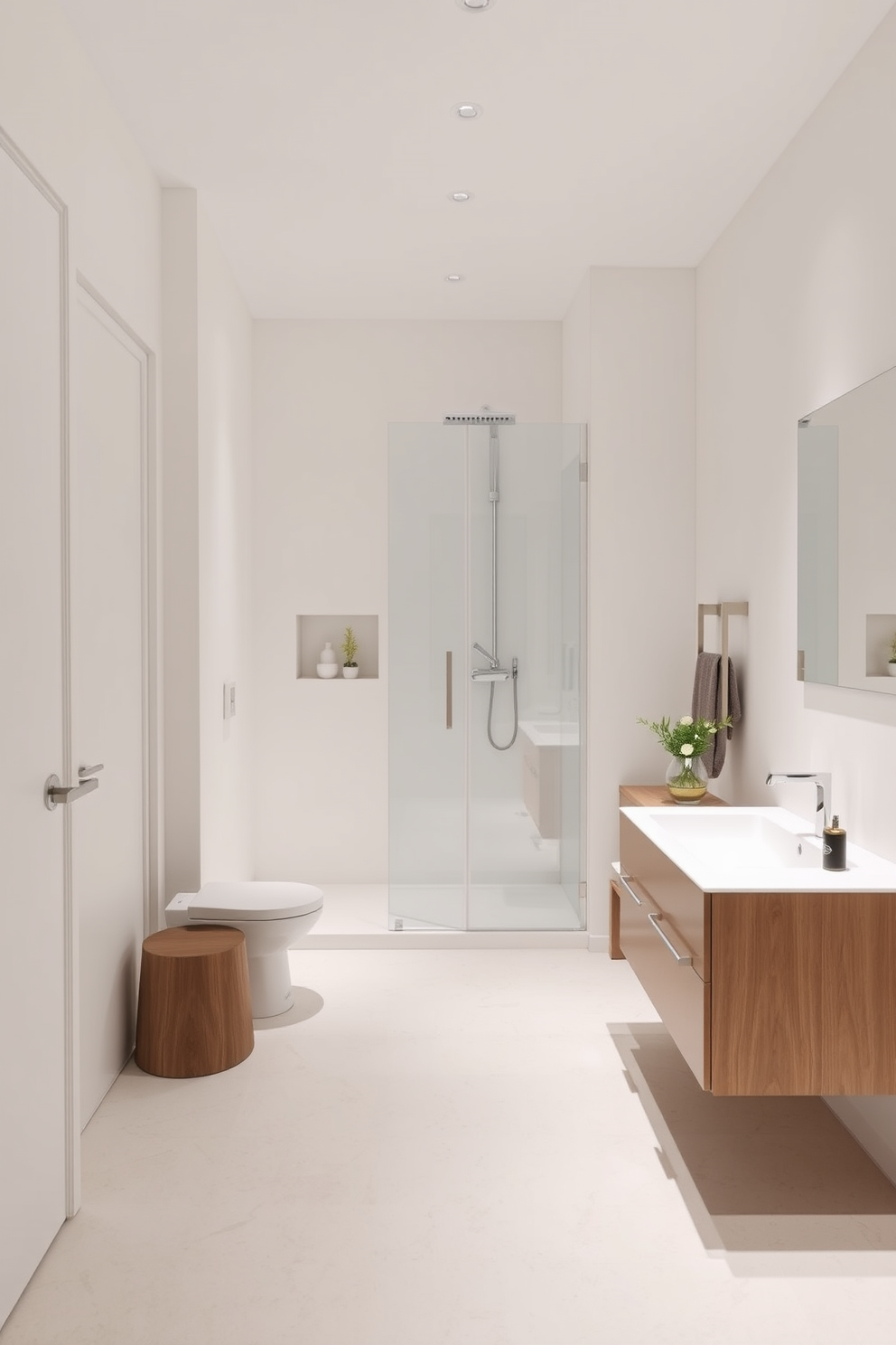 A sleek bathroom design featuring built-in storage solutions that seamlessly blend with the overall aesthetic. Cabinets and shelves are integrated into the walls, providing ample space to keep essentials organized and out of sight. The surfaces are chosen for their easy-to-clean properties, including glossy tiles and quartz countertops. The color palette is light and airy, enhancing the sense of cleanliness and simplicity in the space.