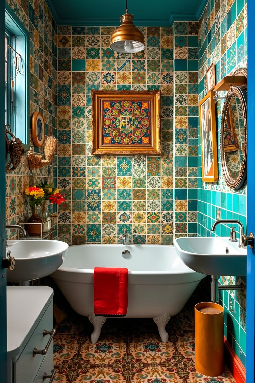 A vibrant bathroom featuring bold patterned wallpaper adorned with vintage floral motifs. The space includes a freestanding tub with ornate claw feet and a chic chandelier hanging above it. Colorful tiles in a patchwork design cover the floor, creating a playful contrast with the wallpaper. A mix of antique and modern fixtures adds to the eclectic charm of the room.