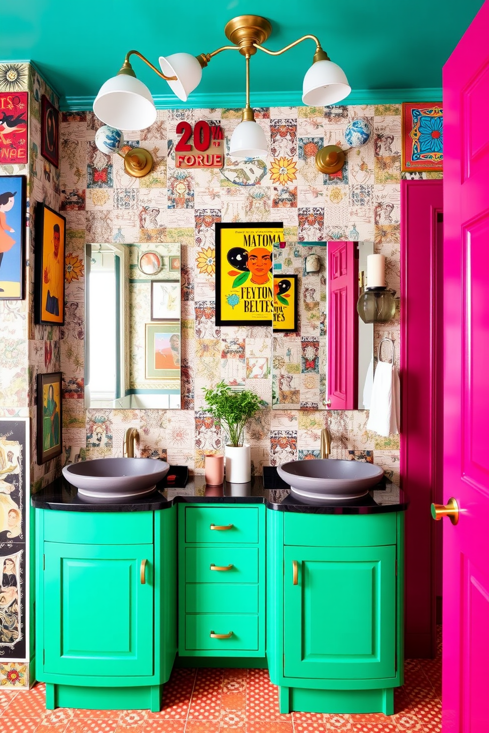 Brightly colored vanities create a vibrant focal point in an eclectic bathroom. The walls are adorned with a mix of patterned tiles and bold artwork, while unique light fixtures add character to the space.