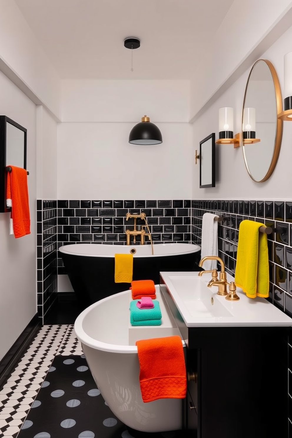 A striking eclectic bathroom design that showcases a bold contrast between black and white elements and vibrant color accents. The walls are adorned with black and white geometric tiles, while a colorful freestanding bathtub serves as the focal point of the space. A sleek black vanity with a white countertop complements the design, featuring unique brass fixtures that add warmth. Brightly colored towels and accessories are strategically placed to enhance the overall aesthetic and create a lively atmosphere.