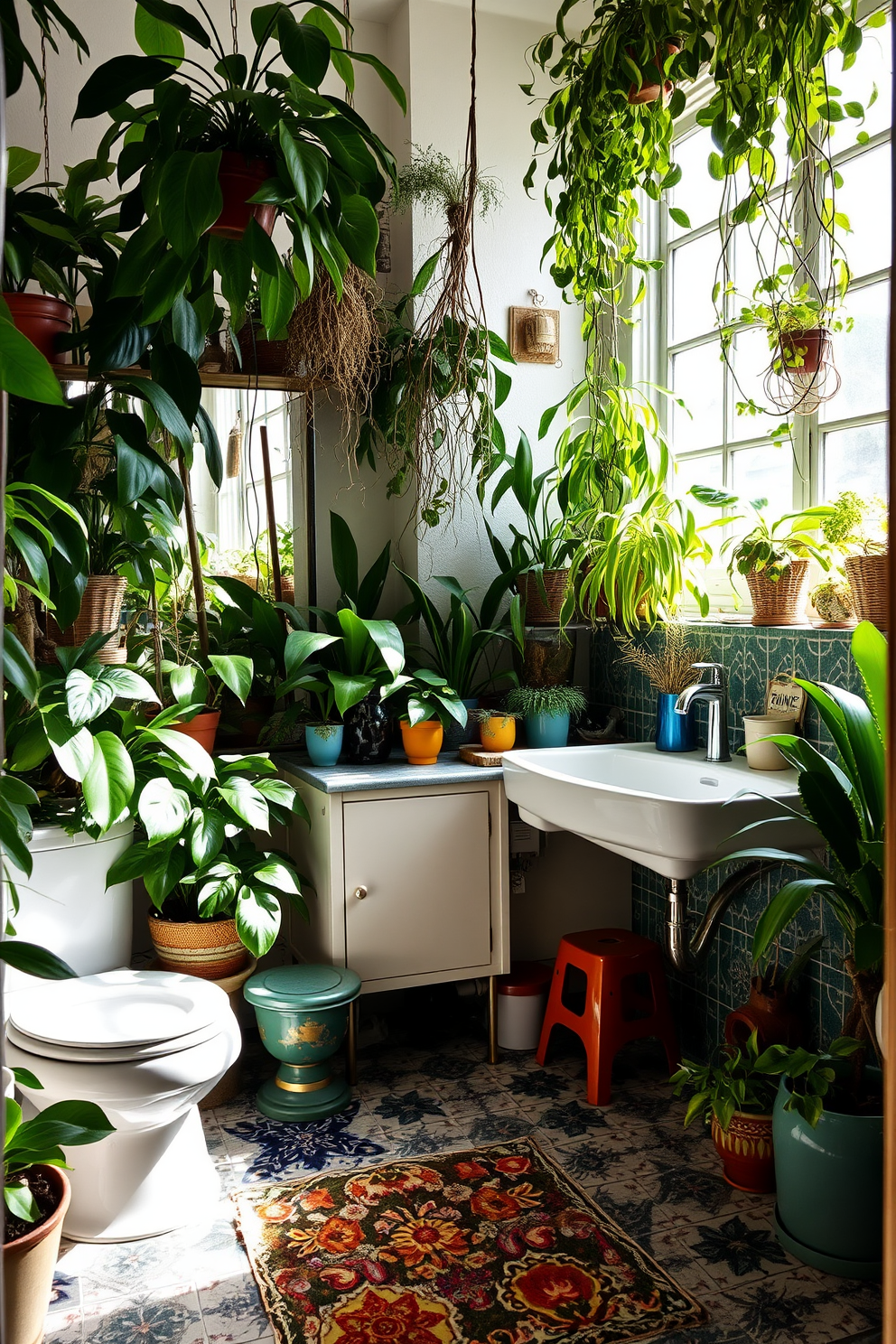 A vibrant bathroom setting featuring mismatched vintage chairs for seating. The walls are adorned with colorful tiles, and a freestanding bathtub takes center stage, surrounded by greenery. A rustic wooden table sits beside the chairs, topped with an array of eclectic decor items. Soft, ambient lighting creates a warm and inviting atmosphere, enhancing the unique character of the space.