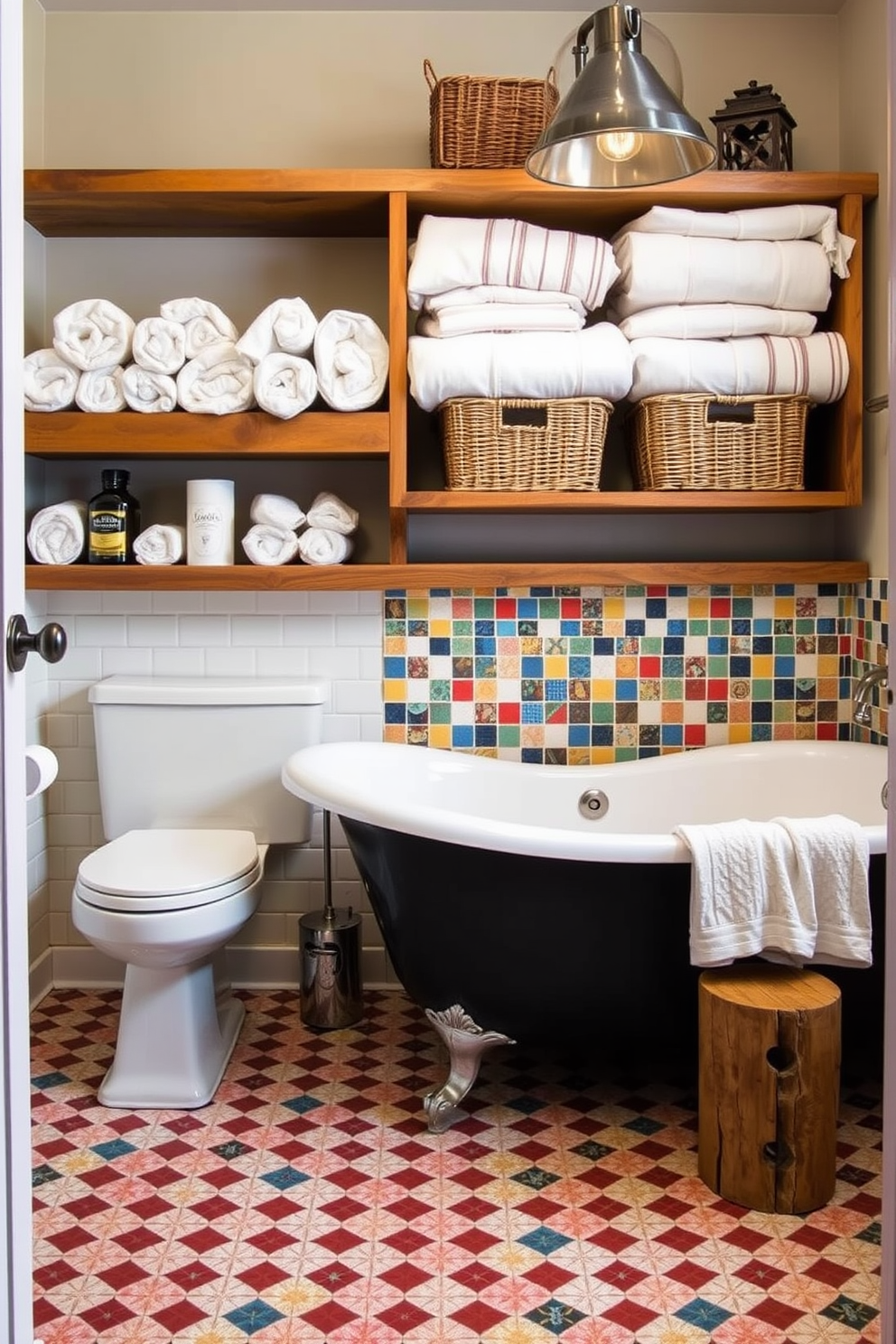 A vibrant bathroom space featuring a quirky shower curtain adorned with playful patterns and bright colors. The walls are painted in a soft pastel hue, creating a cheerful backdrop for eclectic decor elements.