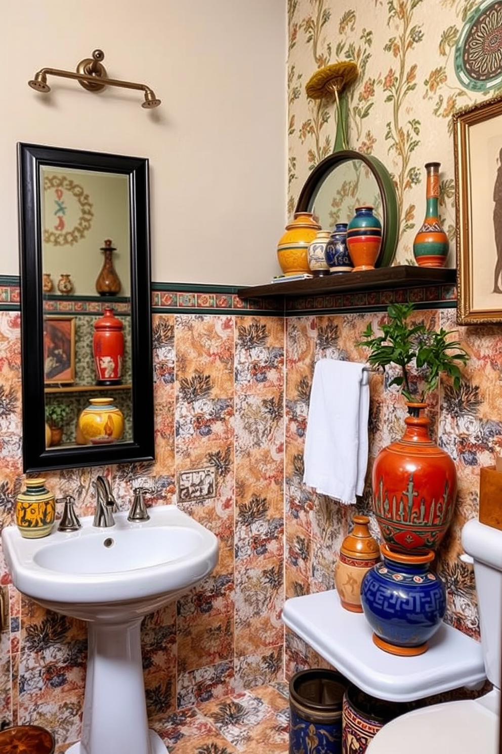 Artisan pottery is strategically placed throughout the bathroom, adding a touch of handcrafted elegance. The vibrant colors and unique shapes of the pottery complement the eclectic decor, creating a warm and inviting atmosphere. The walls are adorned with a mix of textured tiles and bold wallpaper, showcasing an array of patterns and colors. Vintage fixtures and modern accents blend seamlessly, enhancing the overall eclectic aesthetic of the space.