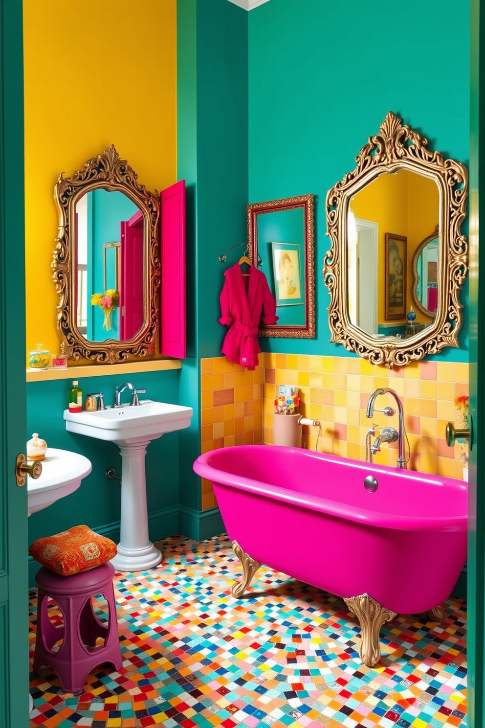 A vibrant eclectic bathroom filled with unexpected color combinations. The walls are painted in a bold teal, contrasting with bright yellow accents in the decor and accessories. A freestanding bathtub in a rich magenta sits prominently in the center, surrounded by colorful mosaic tiles. Vintage mirrors with ornate frames reflect the playful mix of colors and patterns throughout the space.