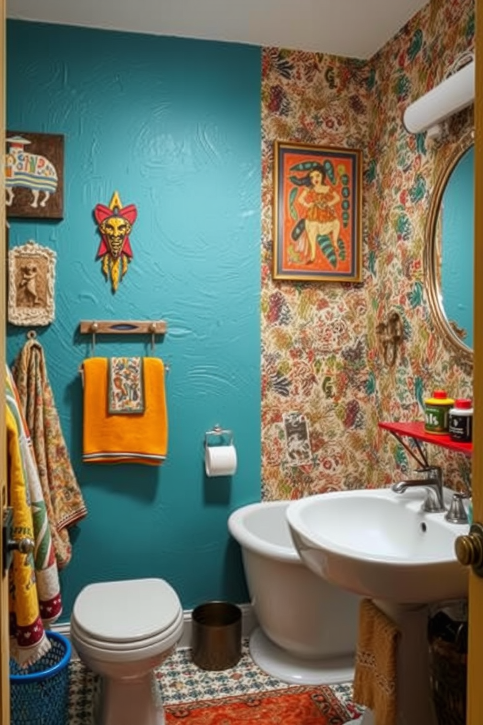 A vibrant eclectic bathroom featuring decorative storage baskets for organization. The walls are adorned with a mix of colorful tiles and artistic prints, creating a lively atmosphere. A freestanding bathtub is positioned in the center, surrounded by lush greenery and unique decor items. The vanity is a blend of different styles, showcasing an array of textures and finishes, enhancing the eclectic charm.