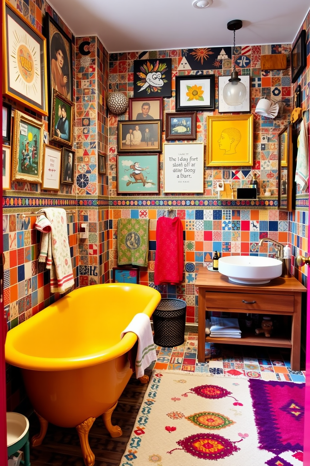 A vibrant eclectic bathroom featuring mismatched furniture pieces that create a collected look. The space includes a vintage clawfoot tub in a bold color, paired with a modern sink on a rustic wooden vanity. The walls are adorned with an array of colorful tiles, while various art pieces hang whimsically throughout the room. A mix of patterned towels and a quirky rug add to the playful atmosphere, making the bathroom a unique retreat.