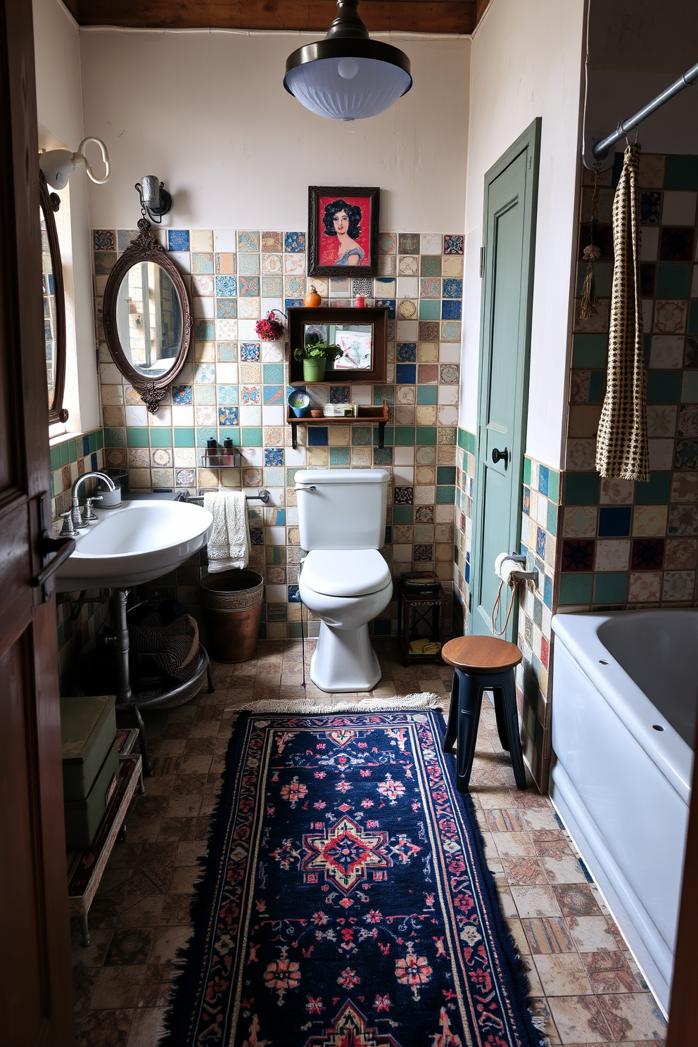 A vibrant eclectic bathroom featuring a mix of metals for faucets and fixtures. The space showcases a unique blend of vintage and modern elements, with a freestanding tub positioned under a large window adorned with colorful curtains. The vanity combines brass and chrome finishes, creating a striking contrast against the deep blue walls. Artistic tiles in various patterns cover the floor, adding a playful touch to the overall design.