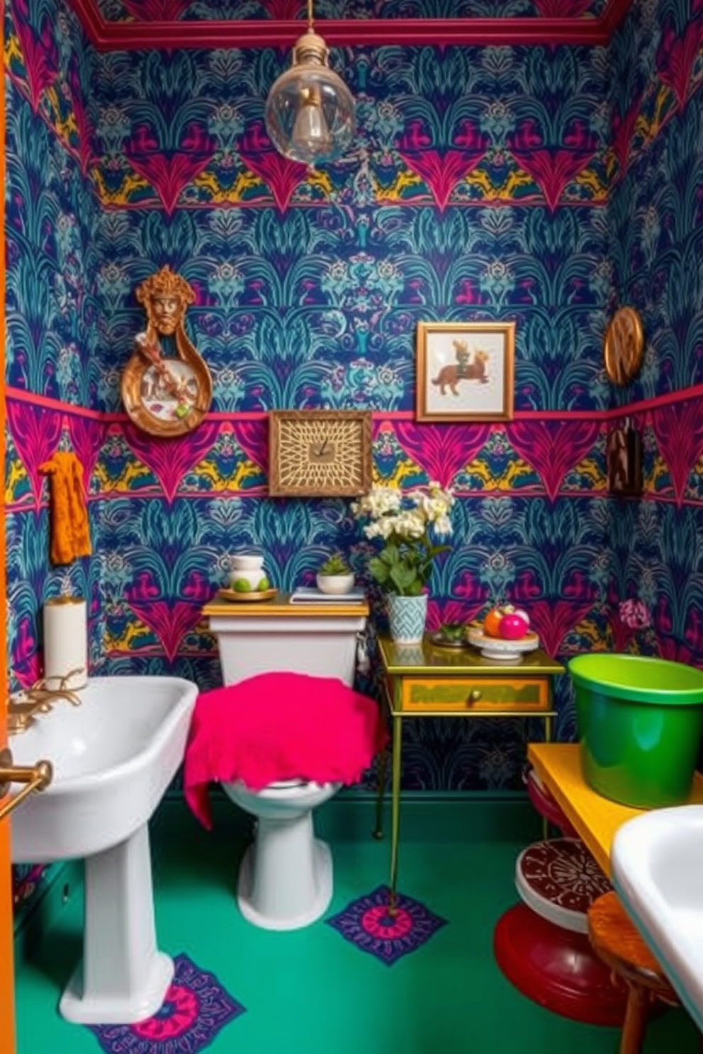 A vibrant eclectic bathroom featuring bold wallpaper with subtle accents. The space is filled with an array of unique decor elements that reflect a mix of styles and colors.