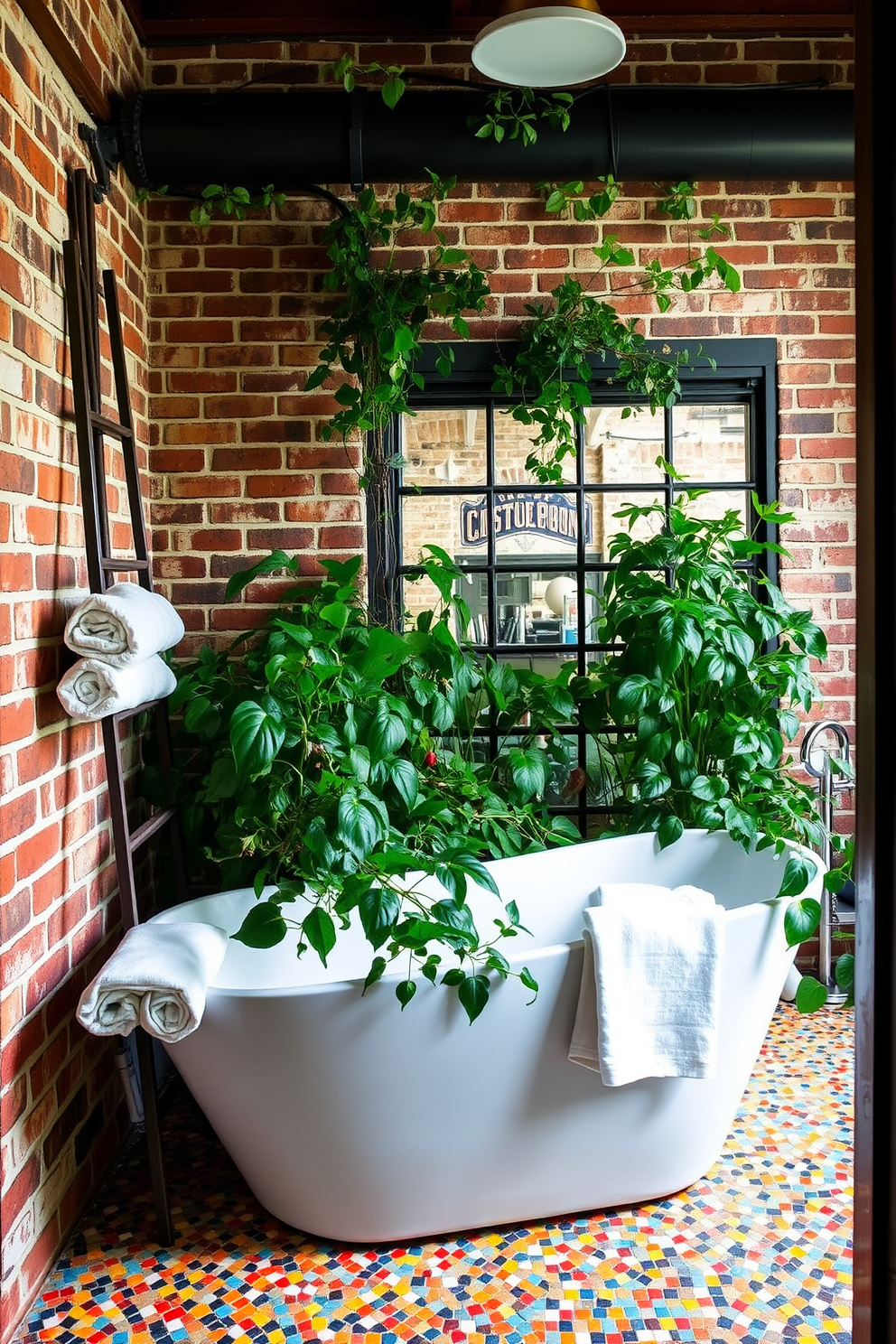 An eclectic bathroom design featuring industrial elements blended with softer touches. The space showcases exposed brick walls paired with a freestanding soaking tub surrounded by lush greenery. A vintage metal ladder leans against the wall, holding neatly rolled towels. The floor is adorned with a colorful mosaic tile, adding warmth and personality to the overall aesthetic.