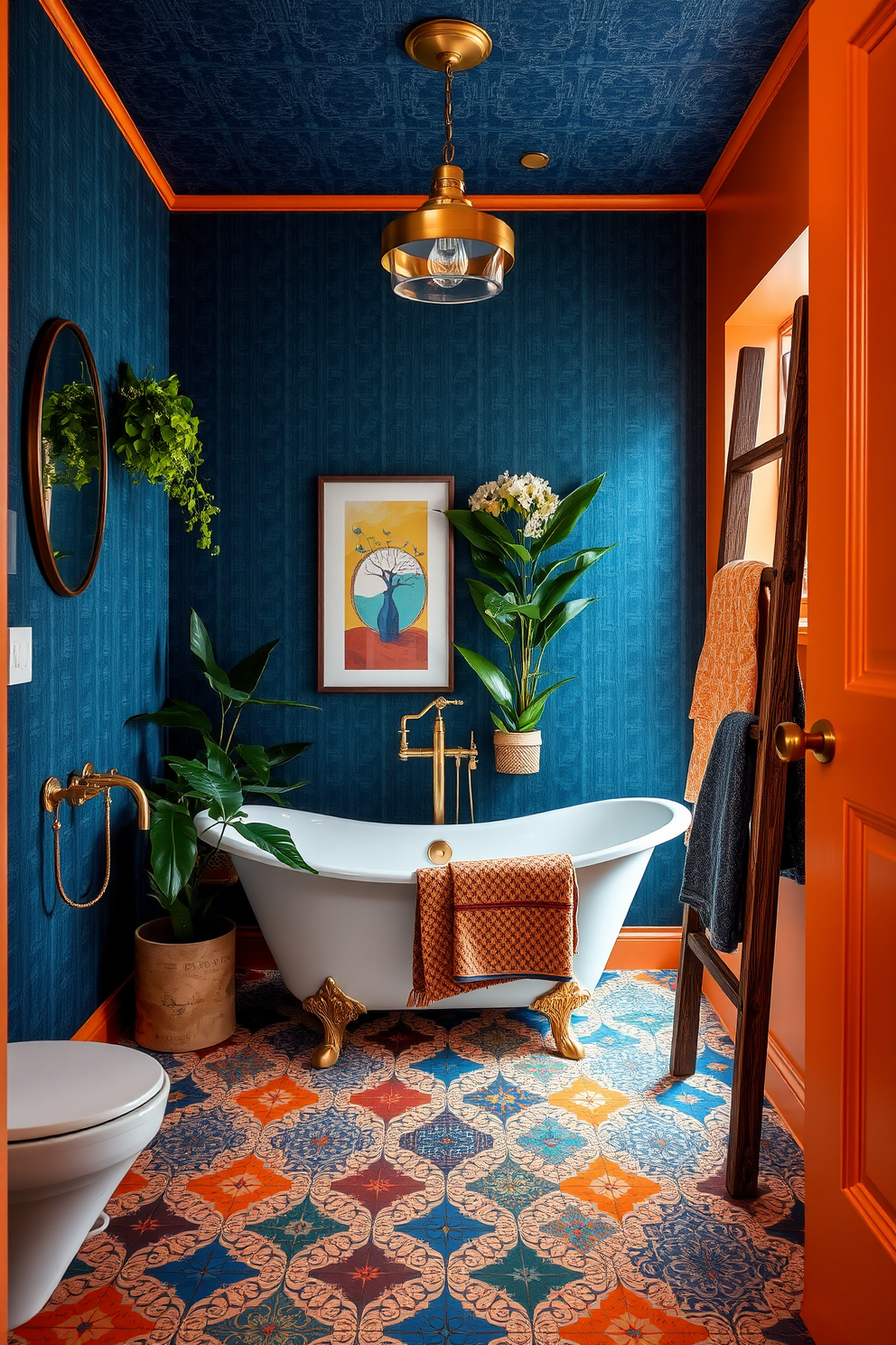 A stylish eclectic bathroom with a vintage ladder leaning against the wall for hanging towels. The space features a combination of colorful tiles, a freestanding bathtub, and mismatched vintage furniture pieces that create a warm and inviting atmosphere.