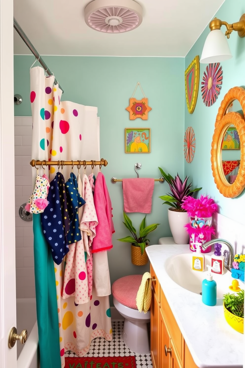 A vibrant bathroom filled with whimsical accessories that add playful charm. The space features a colorful shower curtain adorned with quirky patterns and a collection of mismatched towels hanging from a decorative rack. The vanity is adorned with fun, artistic soap dispensers and a playful mirror with an unusual shape. Brightly colored plants and unique wall art complete the eclectic design, creating a lively and inviting atmosphere.