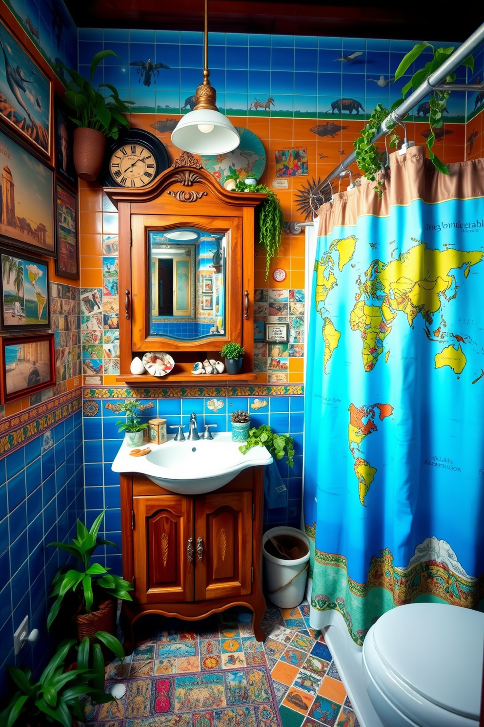 A vibrant eclectic bathroom filled with travel souvenirs from around the world. Colorful tiles line the walls, and a unique shower curtain features a map of a favorite destination. An antique wooden cabinet displays an array of travel mementos like seashells and postcards. A vintage mirror hangs above a freestanding sink, surrounded by lush greenery and vibrant artwork.