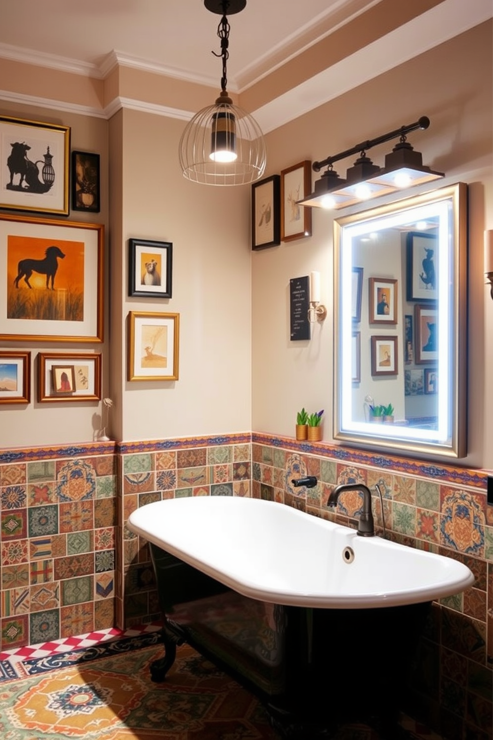 A vibrant eclectic bathroom design featuring a mix of colorful tiles and bold patterns. The space includes a freestanding tub with a vintage-style faucet and a gallery wall adorned with framed art. Layered lighting enhances the ambiance with a combination of pendant lights and wall sconces. Soft LED strips highlight the mirrors, providing both function and a warm glow.