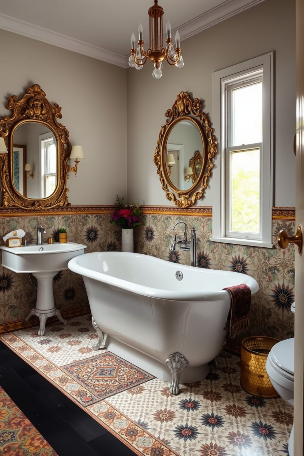 A stunning eclectic bathroom featuring a freestanding tub as the centerpiece. The tub is surrounded by a mix of colorful tiles and unique decor elements that reflect a blend of styles. Bold patterns and textures create a vibrant atmosphere in this bathroom. Vintage mirrors and contemporary fixtures harmoniously coexist, enhancing the overall eclectic aesthetic.