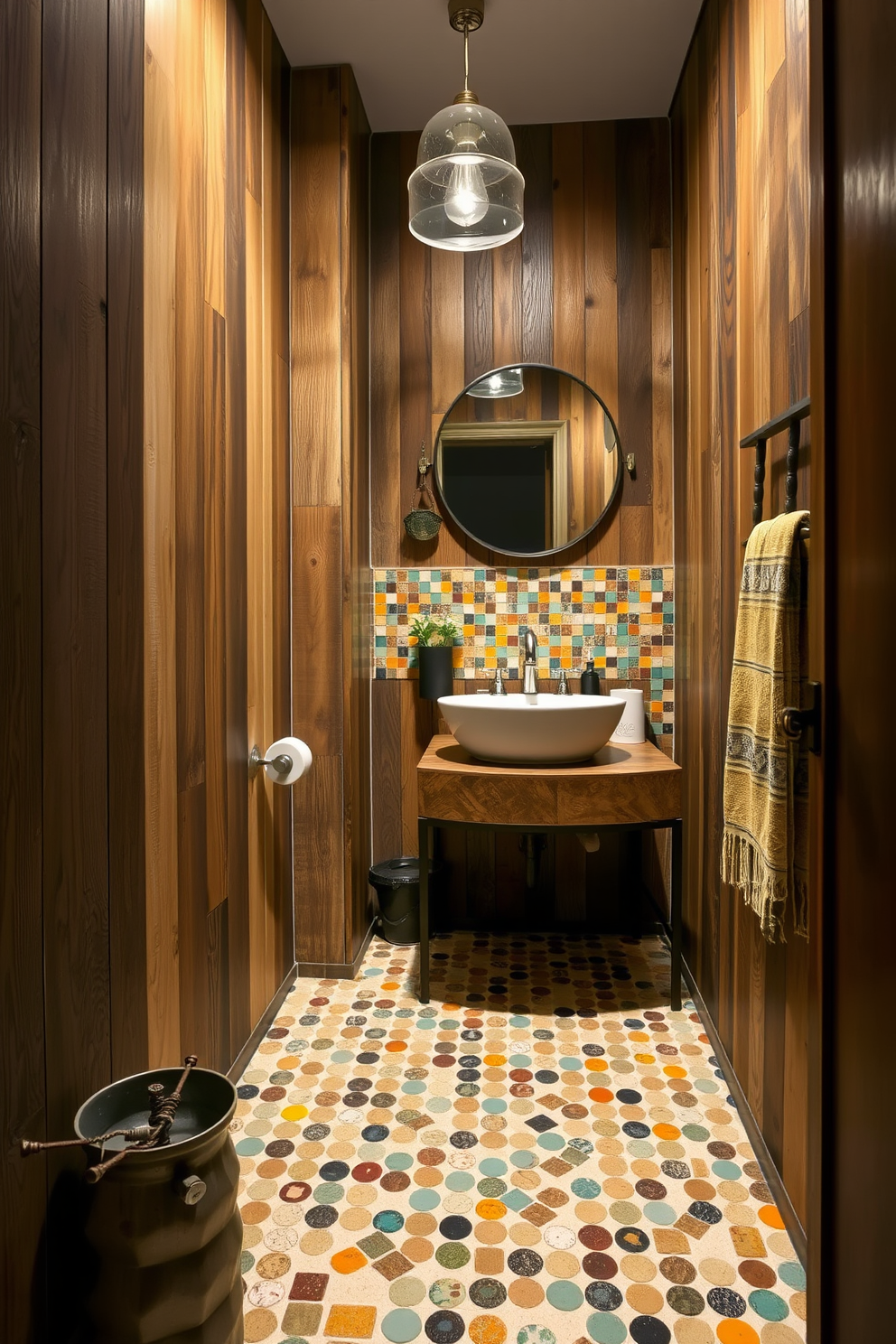 A serene bathroom oasis featuring sustainable materials. The walls are adorned with reclaimed wood panels, and the floor is made of recycled glass tiles in soothing earth tones. An eclectic bathroom design bursting with personality. Vintage fixtures are paired with modern accents, and colorful mosaics create a vibrant backsplash behind the sink.