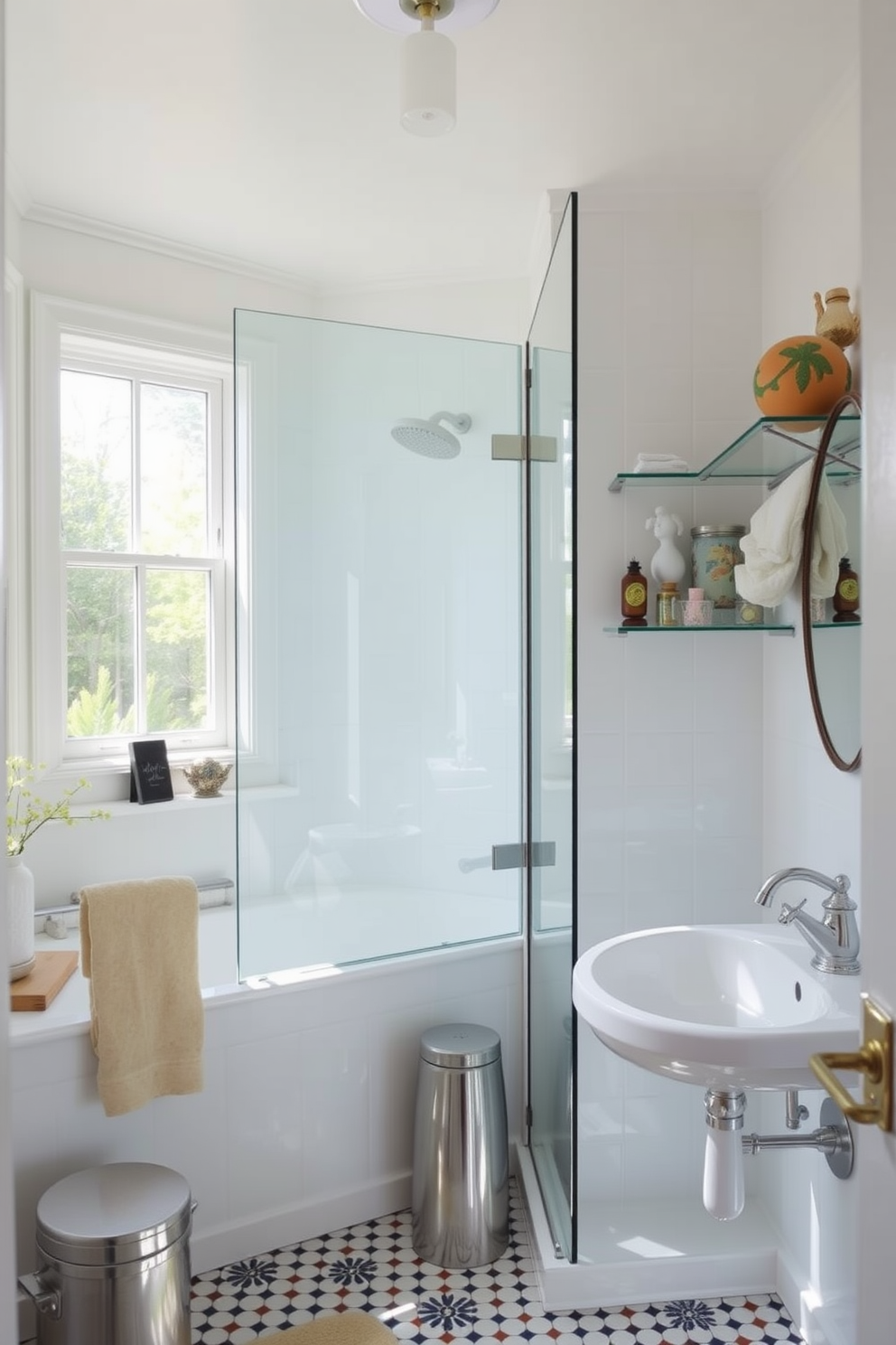 A vibrant eclectic bathroom featuring a mix of colorful tiles and bold patterns. The space is illuminated by a combination of vintage filament bulbs and sleek modern LED fixtures, creating a warm and inviting atmosphere. A freestanding tub sits in the center, surrounded by potted plants and unique artwork. The walls showcase a playful blend of wallpaper and paint, with a gallery of framed mirrors reflecting the eclectic charm of the room.