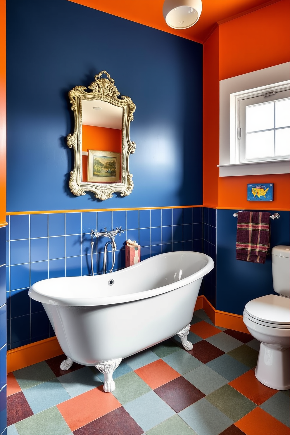 A vibrant bathroom featuring bold color blocking with a striking combination of deep blue and bright orange walls. The space is adorned with unique fixtures and accessories that showcase an eclectic mix of styles and textures. The focal point is a freestanding bathtub in a glossy white finish, surrounded by colorful geometric tiles that create a playful atmosphere. A vintage mirror with an ornate frame hangs above a quirky sink, adding character to the overall design.