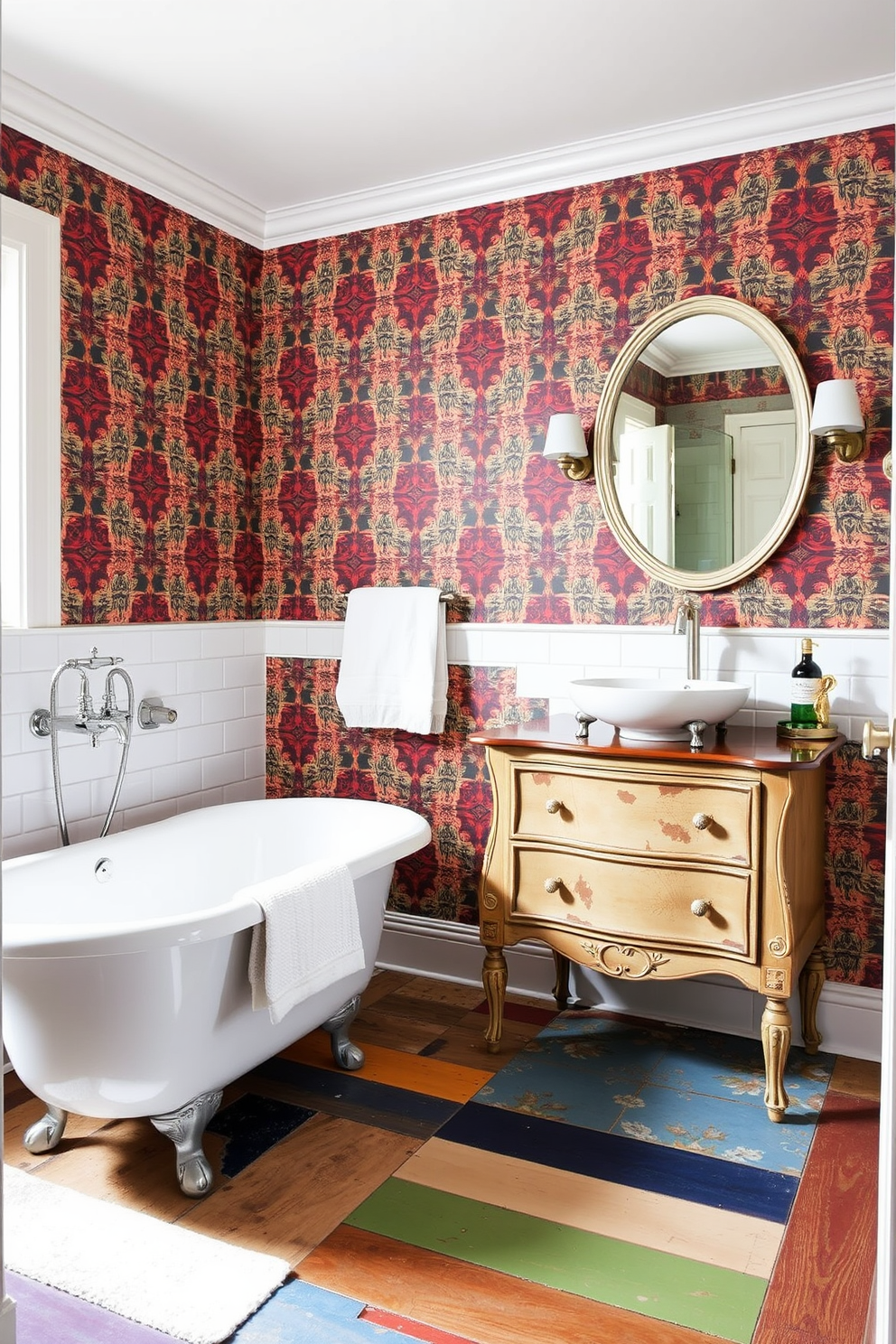 A stylish eclectic bathroom featuring a mix of old and new fixtures. The centerpiece is a vintage clawfoot bathtub paired with a modern wall-mounted faucet in brushed nickel. On one side, a repurposed antique dresser serves as a unique vanity with a contemporary vessel sink. The walls are adorned with a vibrant wallpaper that combines bold colors and geometric patterns, while the floor showcases a mix of reclaimed wood and colorful tiles.