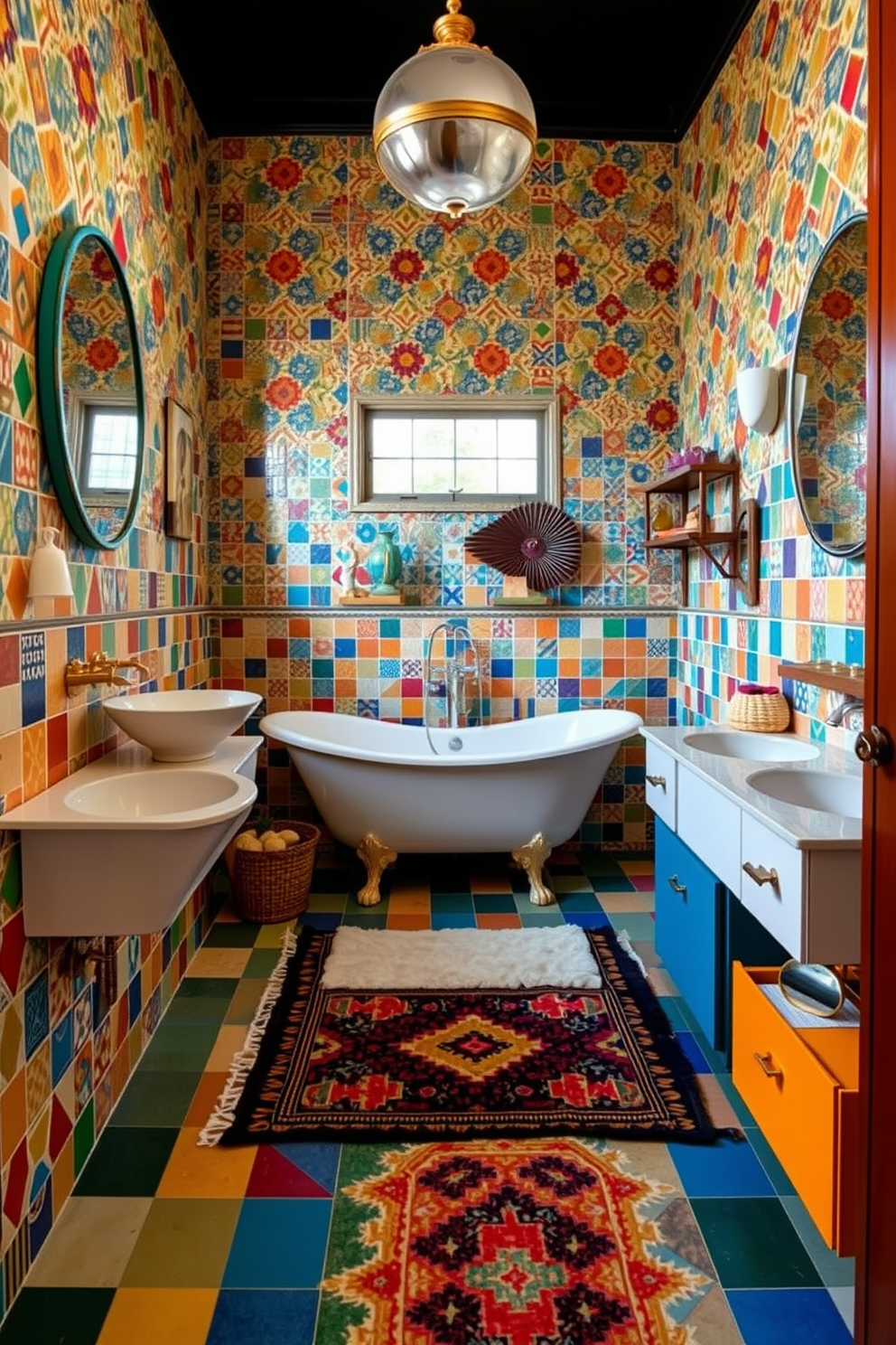 A vibrant eclectic bathroom featuring a mix of geometric tiles in various colors and patterns. The walls are adorned with bold wallpaper, while a freestanding tub sits in the center, surrounded by unique decor pieces. The vanity showcases a combination of mismatched sinks, each with its own distinct style. A colorful rug lies beneath the vanity, adding warmth and character to the space.