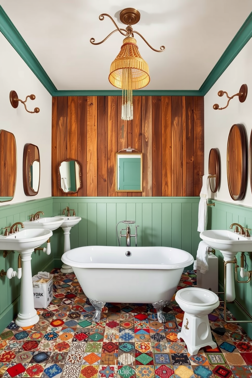 A vibrant eclectic bathroom featuring reclaimed wood paneling as the primary wall treatment. The floor is adorned with a mix of colorful tiles, creating a playful and unique pattern. A vintage clawfoot tub sits in the center, surrounded by a collection of mismatched sinks and mirrors. Bold, artistic lighting fixtures hang from the ceiling, adding character and warmth to the space.