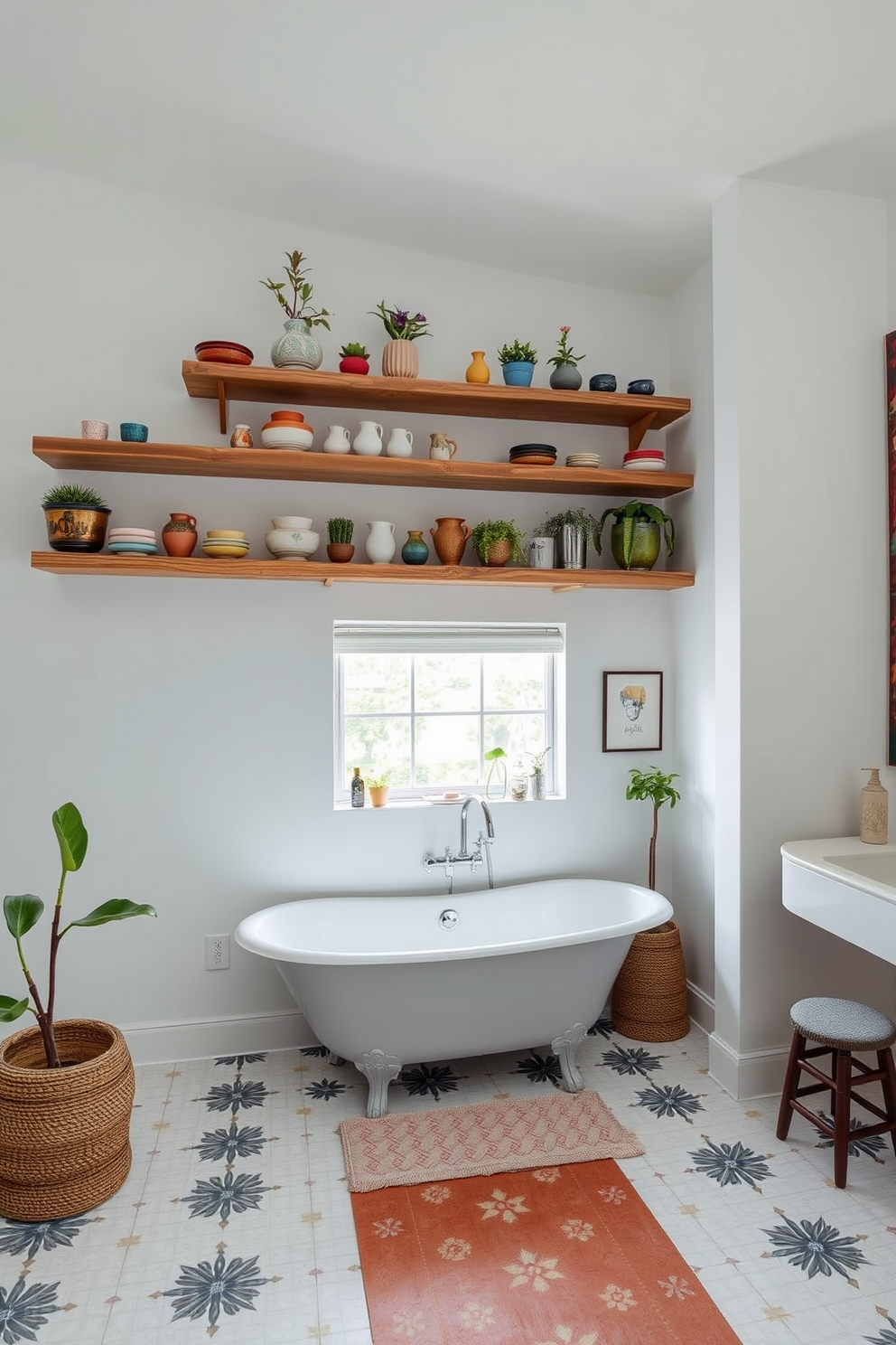 Rustic wood shelves are mounted on a sleek white wall, showcasing an array of colorful ceramics and greenery. The shelves contrast beautifully with the minimalist decor, creating a warm and inviting atmosphere. The bathroom features a blend of vintage and modern elements, with a freestanding tub positioned beneath a large window. Bold patterned tiles line the floor, while eclectic artwork adorns the walls, adding character and charm to the space.