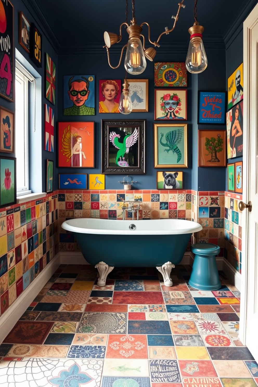 A vibrant bathroom filled with eclectic design elements. The walls are adorned with colorful art pieces that serve as striking focal points, creating a lively atmosphere. A vintage clawfoot tub sits in the center, surrounded by mismatched tiles in bold patterns. Unique light fixtures hang from the ceiling, adding character and charm to the space.