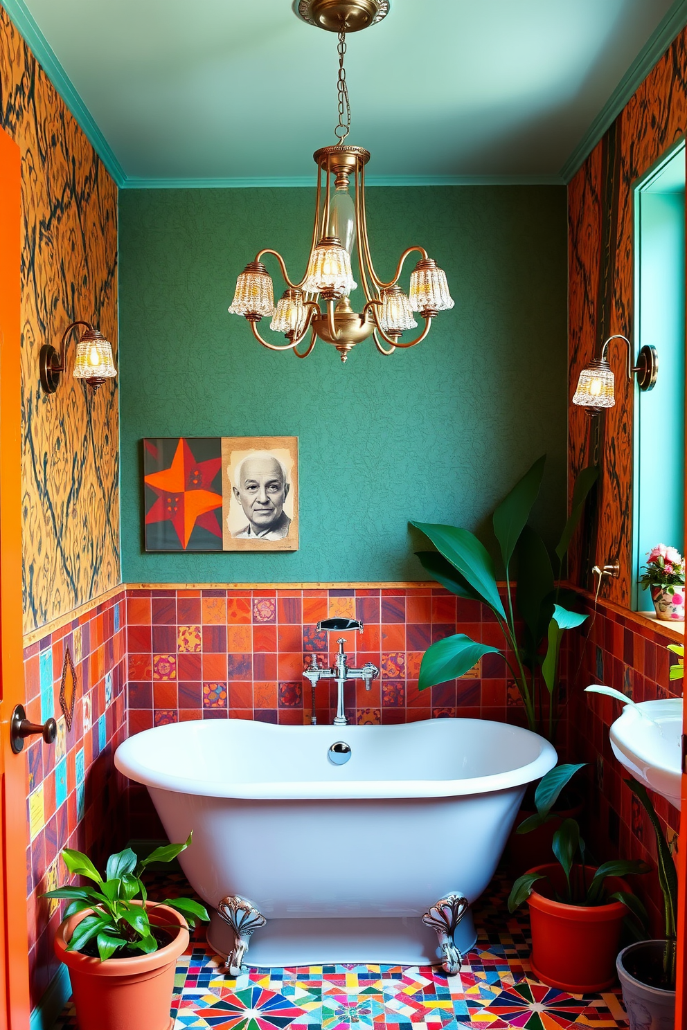 A vibrant eclectic bathroom filled with character. The walls are adorned with a mix of colorful tiles and bold wallpaper, creating a lively atmosphere. Unique light fixtures hang from the ceiling, casting dramatic shadows across the space. A vintage clawfoot bathtub sits in one corner, surrounded by an array of plants and decorative accessories.