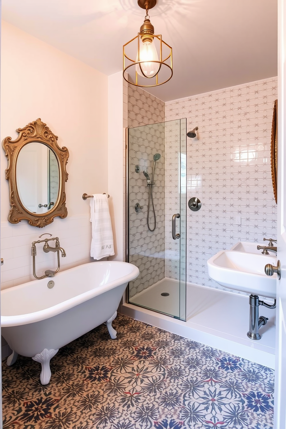 A stylish bathroom featuring a blend of modern and vintage furniture styles. A sleek freestanding tub sits in the center, surrounded by antique side tables and contemporary shelving units. The walls are adorned with a mix of bold wallpaper and classic wainscoting. A large, ornate mirror hangs above a modern sink, reflecting the unique decor elements that create an eclectic feel.