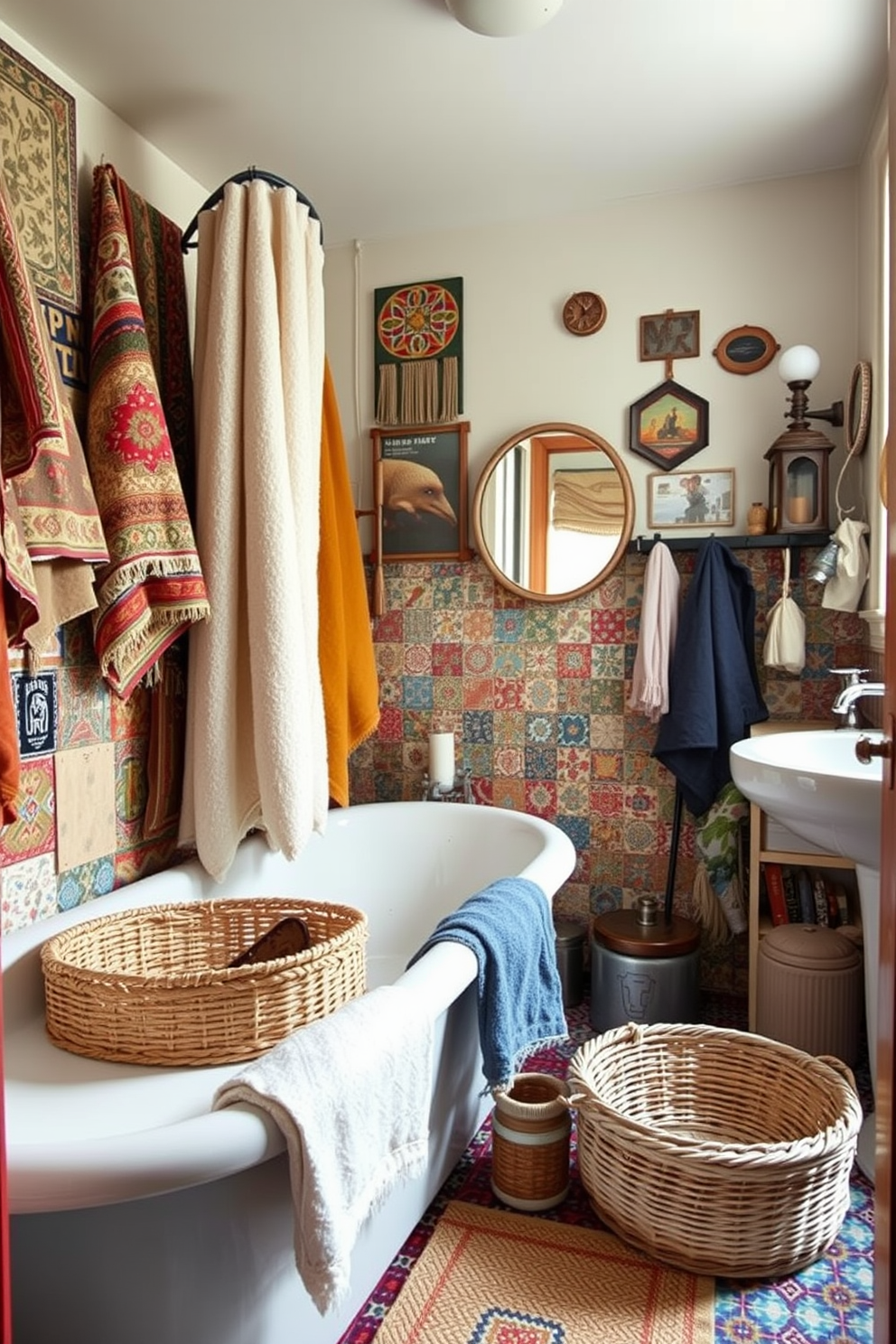 A cozy bathroom filled with layered textiles creates an inviting atmosphere. Plush towels, a soft bath mat, and a woven basket add texture and warmth to the eclectic design. Vibrant patterns and diverse materials come together to form a unique bathroom space. A mix of colorful tiles, vintage fixtures, and artistic accessories enhances the overall charm and character.