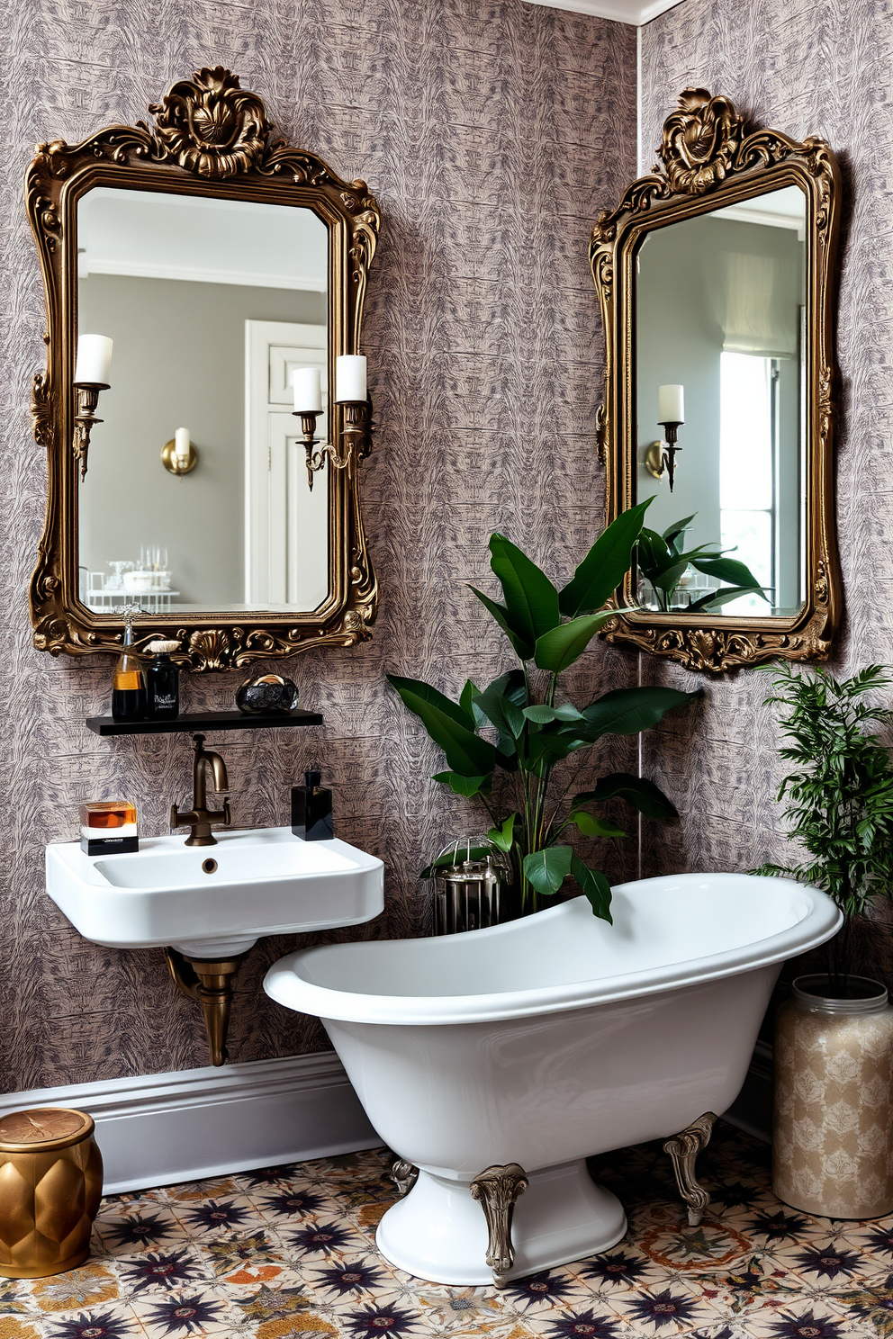 A vibrant eclectic bathroom design featuring bold colors and unique patterns. The walls are adorned with a mix of colorful tiles and eclectic artwork that adds personality to the space. The vanity is a statement piece with a bright blue finish and a rustic wooden countertop. Above it, an oversized round mirror with a colorful mosaic frame reflects the lively atmosphere of the room. Accessories like a bright yellow rug and mismatched towels in various patterns bring warmth and charm. Potted plants and quirky decor items add a touch of nature and whimsy to the overall design.