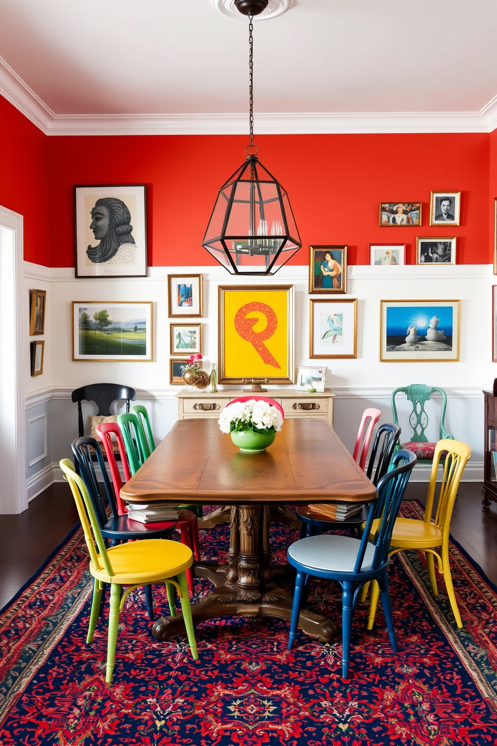 A vibrant dining room featuring a vintage wooden dining table with ornate carvings surrounded by mismatched chairs in various colors and styles. Above the table hangs a modern geometric chandelier that contrasts beautifully with the classic elements of the room. The walls are adorned with an eclectic mix of artwork, showcasing both contemporary pieces and vintage prints. A bold area rug with intricate patterns anchors the space, adding warmth and character to the overall design.