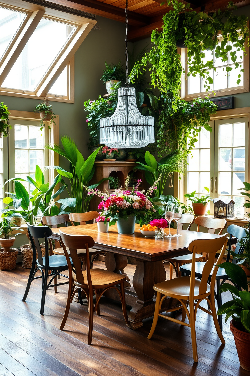 A vibrant dining room filled with natural elements like lush green plants and colorful flowers. The table is surrounded by mismatched chairs that showcase various styles and textures, creating an inviting and eclectic atmosphere. Large windows allow plenty of sunlight to pour in, illuminating the space and highlighting the rich wood tones of the furniture. A statement chandelier hangs above the table, adding an artistic touch to the overall design.