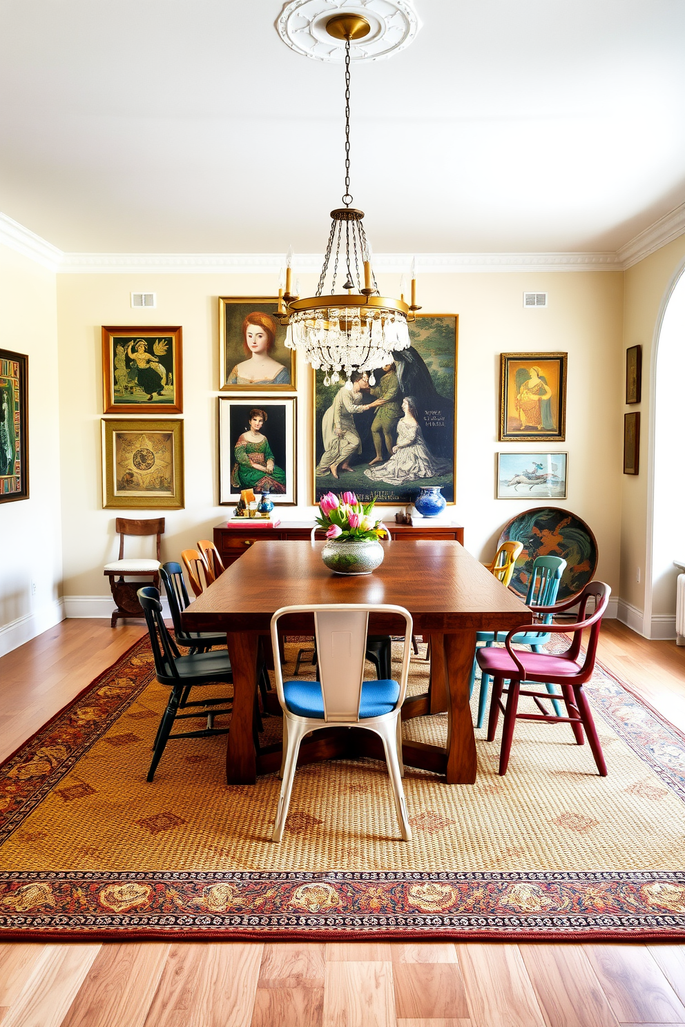 A vibrant dining room featuring a large wooden table surrounded by mismatched chairs in various styles and colors. The floor is adorned with a textured area rug that defines the dining space, adding warmth and character to the room. The walls are painted in a soft, inviting hue, complemented by eclectic wall art that showcases a mix of cultures and eras. A statement chandelier hangs above the table, providing both illumination and a focal point that ties the design together.