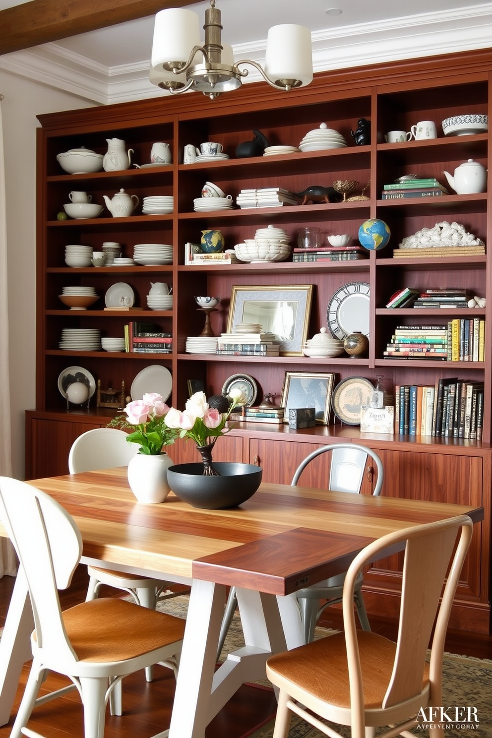 A vibrant dining room filled with eclectic design elements. Colorful cultural artifacts are displayed on open shelves, showcasing a mix of traditional and contemporary pieces. The dining table is a rustic wooden design surrounded by mismatched chairs in various styles and colors. A large pendant light hangs above the table, adding warmth to the space while highlighting the unique decor.