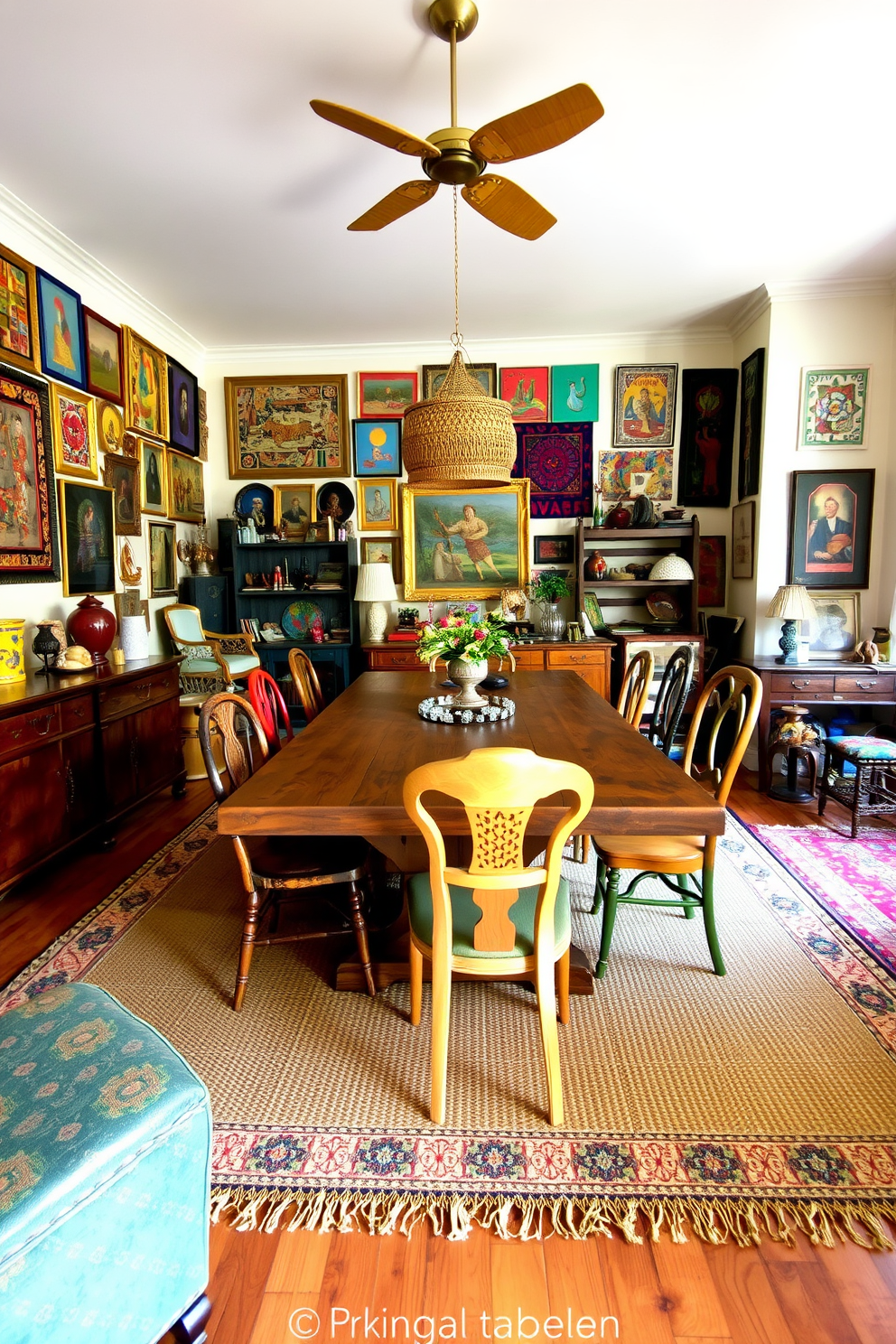 An eclectic dining room filled with a vibrant mix of cultural decor items. The centerpiece is a large, rustic wooden table surrounded by an assortment of chairs from different styles and eras. Colorful wall art from various cultures adorns the walls, creating a lively atmosphere. A woven rug with intricate patterns lies beneath the table, adding warmth and texture to the space.