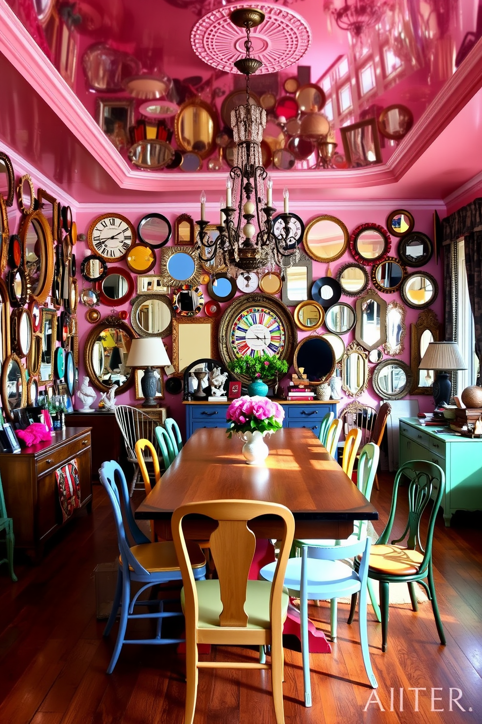 A vibrant eclectic dining room filled with unique vintage mirrors that reflect light and create an illusion of space. The room features a large wooden dining table surrounded by mismatched chairs in various colors and styles, with an ornate chandelier hanging above.