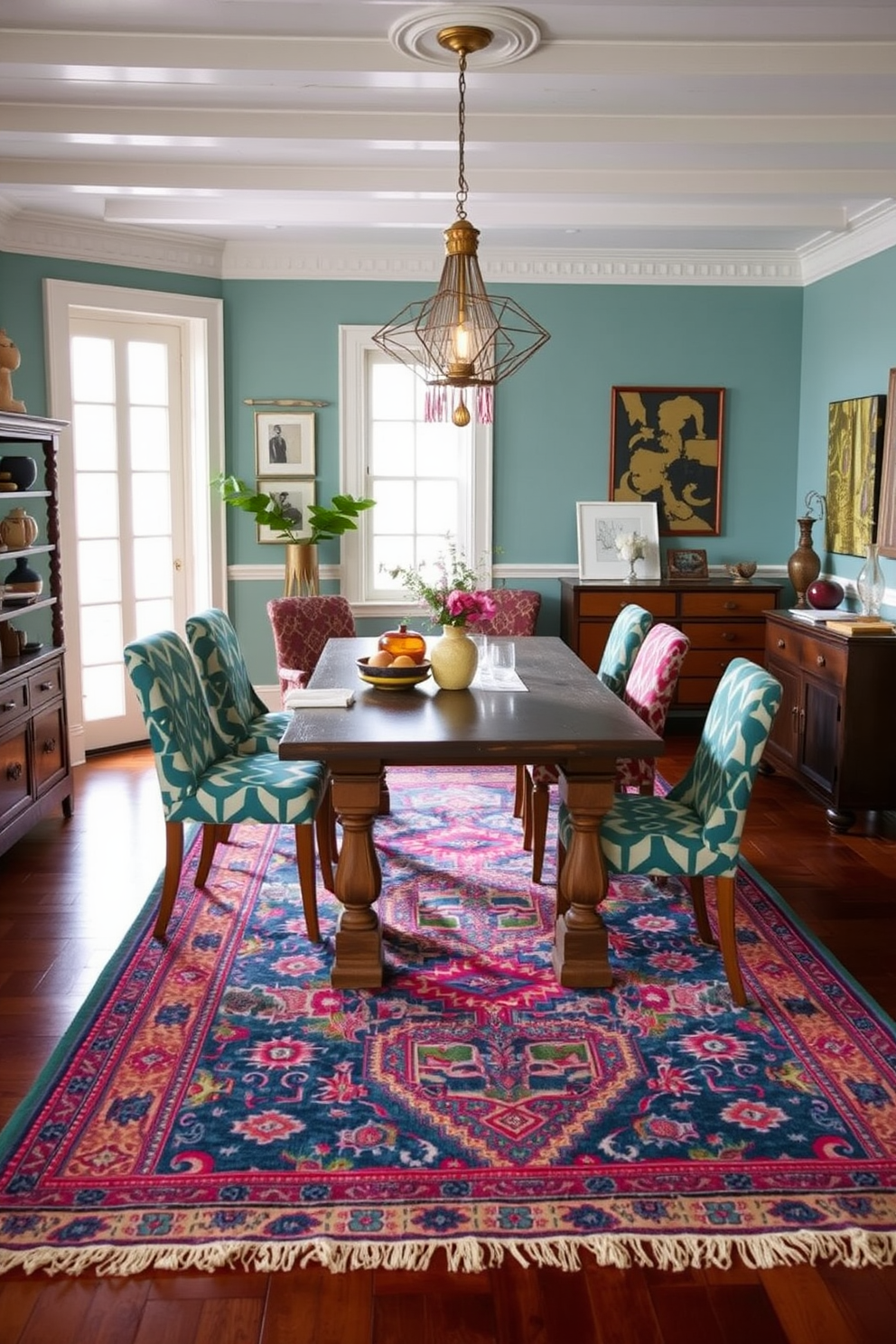 A vibrant dining room filled with eclectic charm. The chairs are upholstered in bold, geometric prints that contrast beautifully with a rustic wooden table. A large, colorful area rug anchors the space, adding warmth and texture. Unique light fixtures hang above, creating an inviting atmosphere for gatherings.