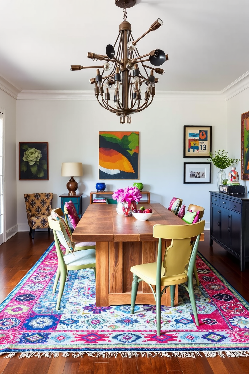 A vibrant dining room filled with personality. The table is made of reclaimed wood surrounded by mismatched chairs upholstered in various colorful fabrics. A large area rug in bold patterns anchors the space. Overhead, a striking chandelier made of mixed metals adds a dramatic focal point.